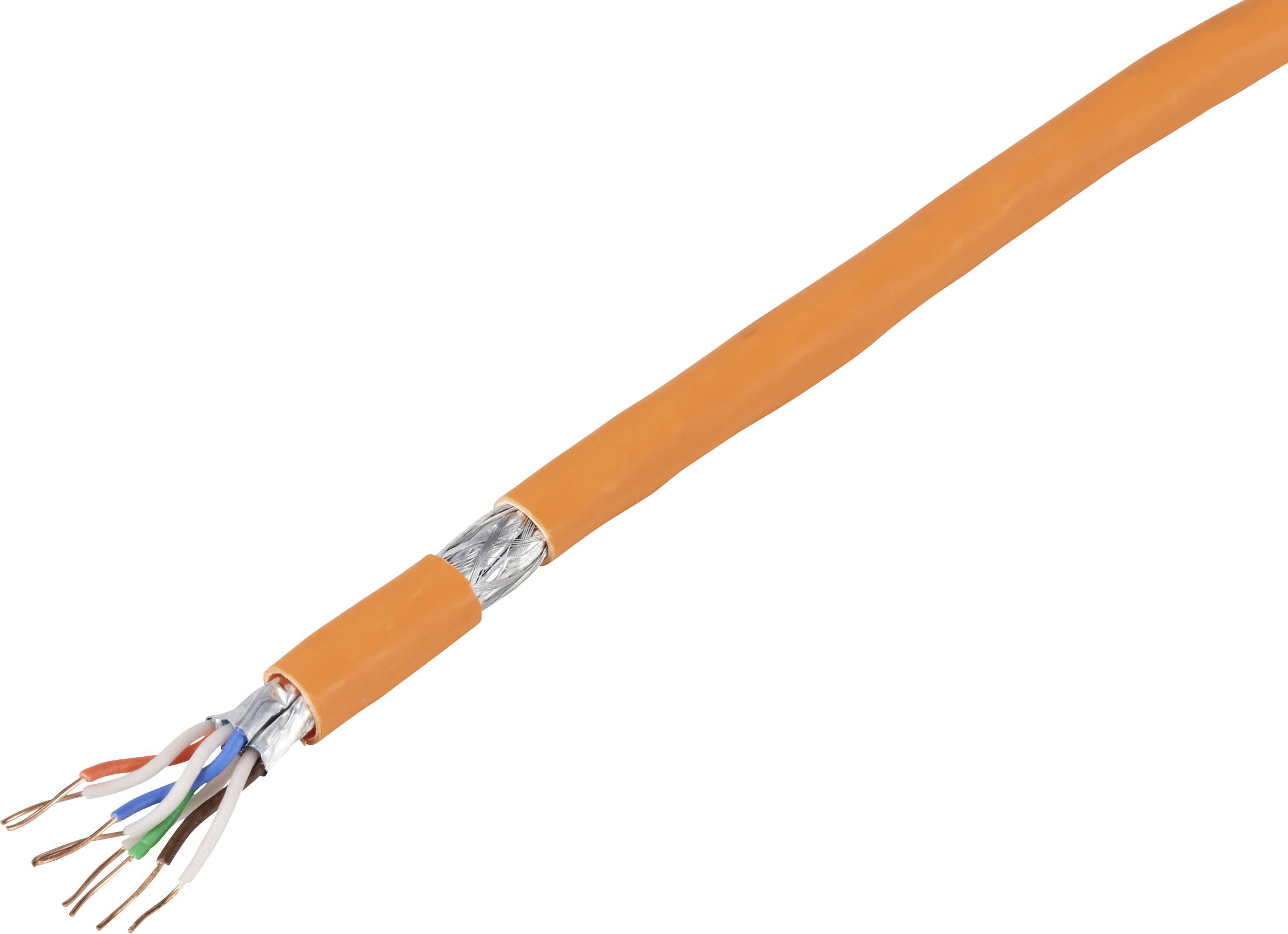 Ein orangefarbenes Netzwerkkabel mit acht freiliegenden Kupferdrähten in verschiedenen Farben wird gezeigt.