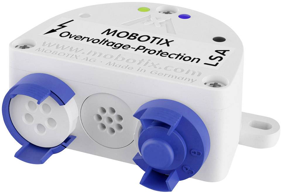 Überspannungsschutzgerät von Mobotix mit blauen Steckverbindungen, Aufschrift 'Overvoltage-Protection LSA', hergestellt in Deutschland.