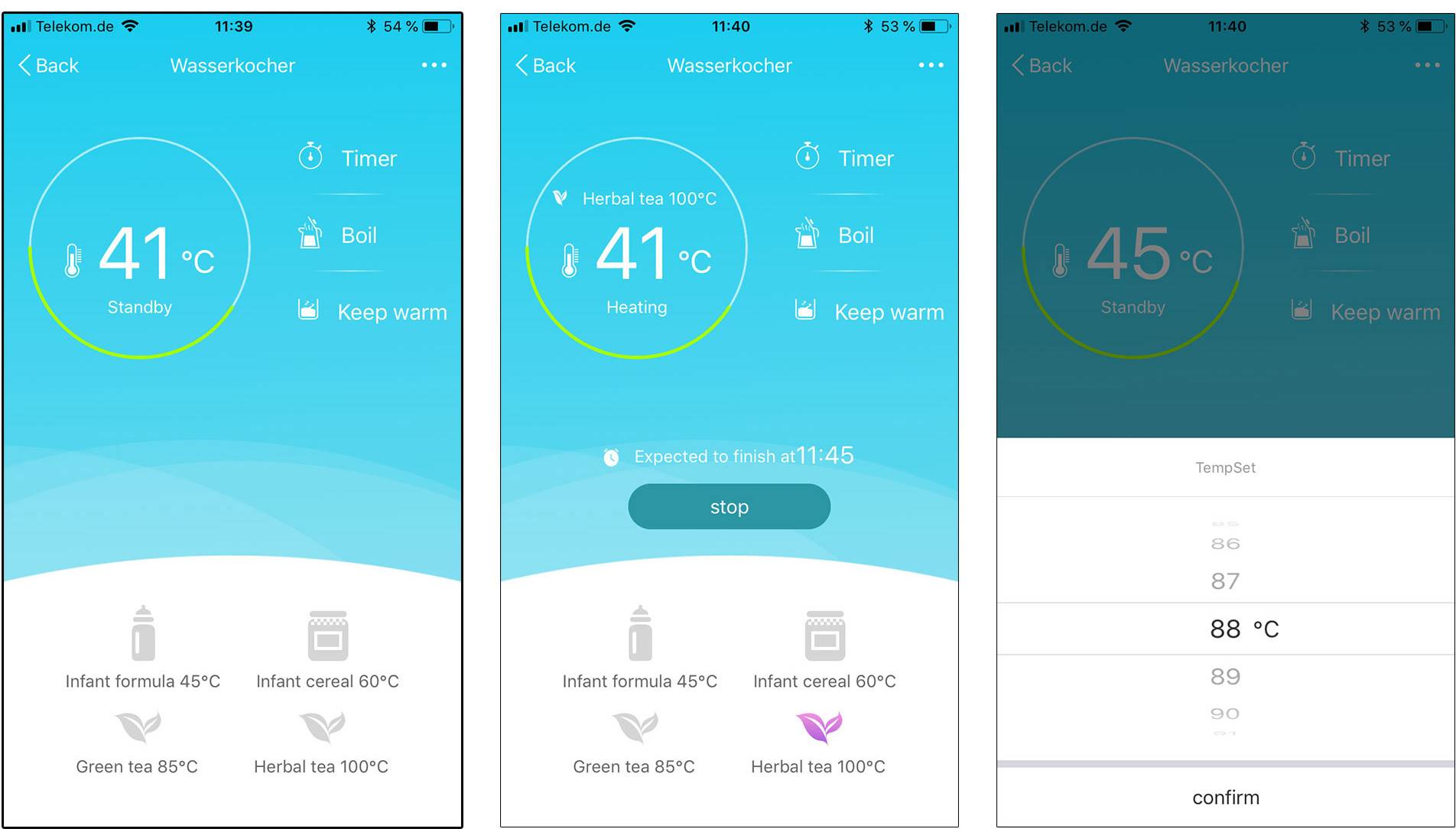 Drei Smartphone-Screens zeigen eine App zur Temperaturkontrolle mit verschiedenen Optionen für das Erhitzen und automatische Warmhalten von Flüssigkeiten.