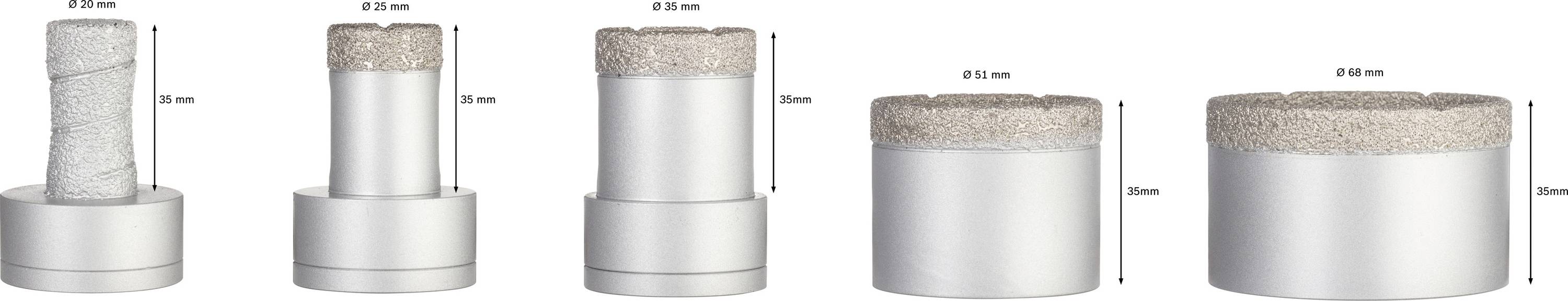 Fünf verschiedene Diamantbohrer in einer Reihe, jeweils mit Angaben zu verschiedenen Größen und Durchmessern der Schneidkanten.