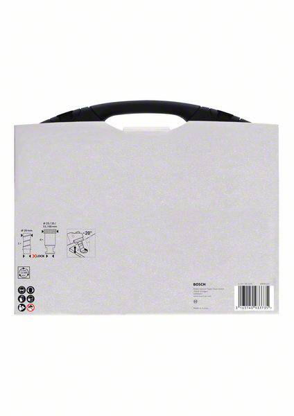 Eine graue Verpackung mit schwarzem Griff, enthält technische Zeichnungen und Angaben für ein Bosch-Produkt. Barcode unten rechts.