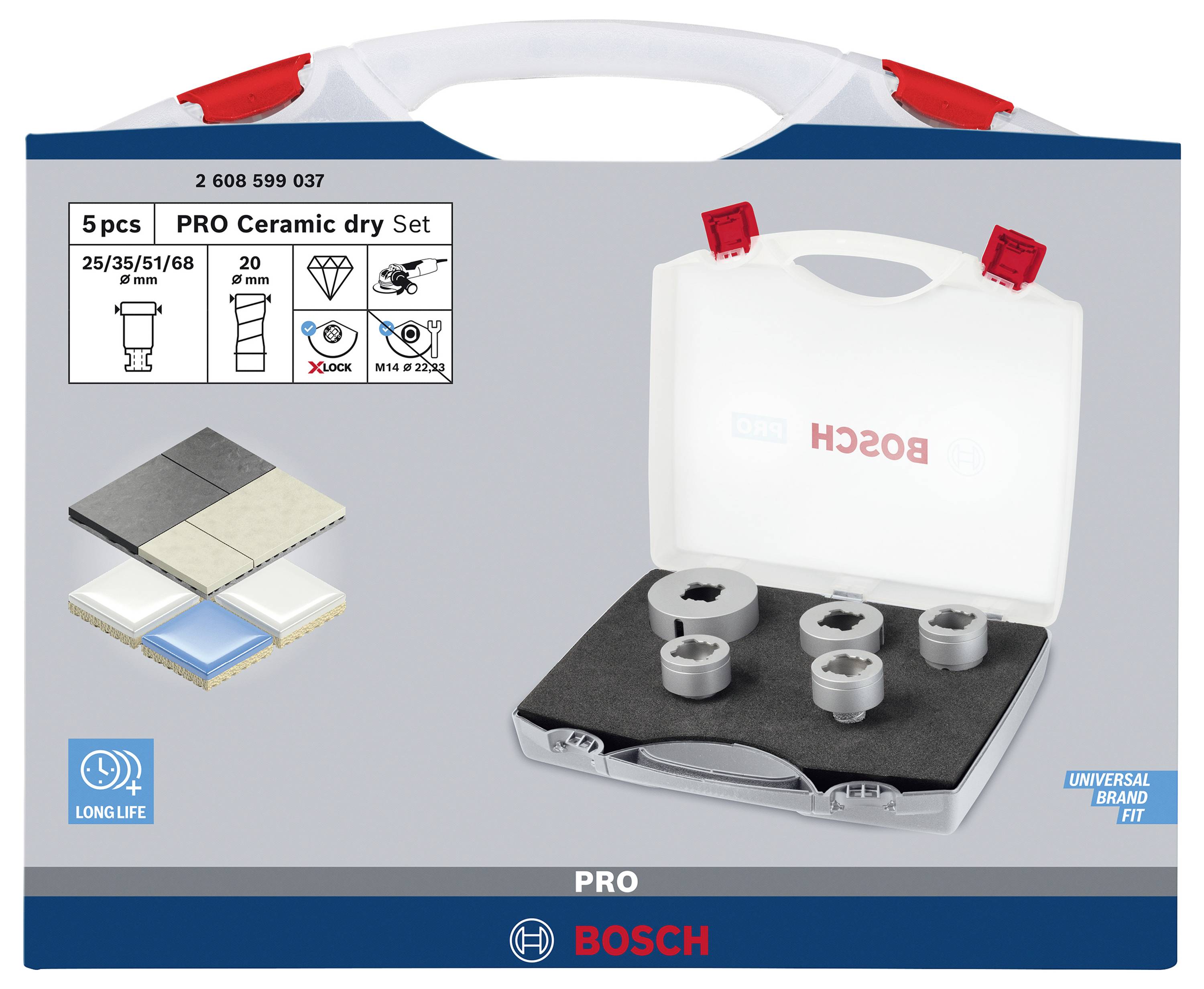 Bosch PRO Ceramic dry Set, 5-teilig: Kronenbohrer in verschiedenen Größen; geeignet für Fliesen, mit langer Lebensdauer; Universalhalterung.