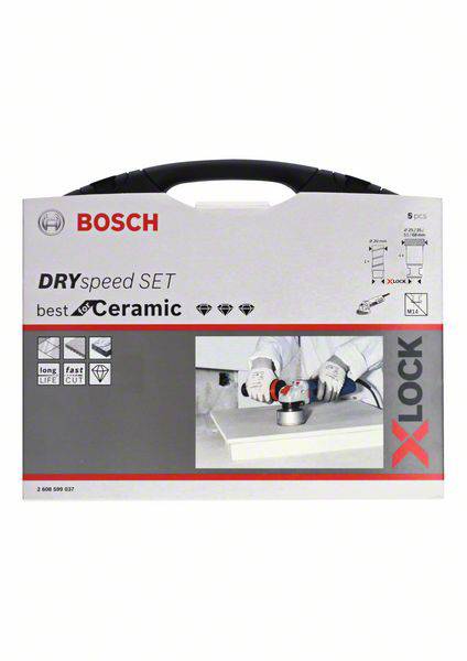 Verpackung des Bosch DRYspeed Sets für Keramik. Bild von Händen, die eine Bohrmaschine benutzen. Enthält 5-teiliges Set und X-LOCK-System.