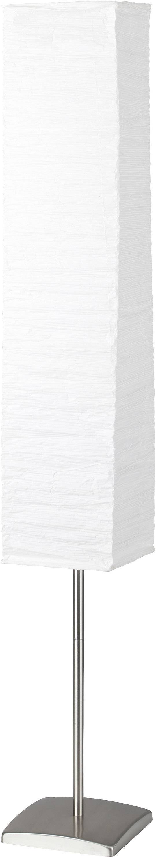 Eine moderne, hohe Stehlampe mit rechteckigem, weißem Lampenschirm und silbernem Metallfuß. Geeignet für minimalistische Raumgestaltung.