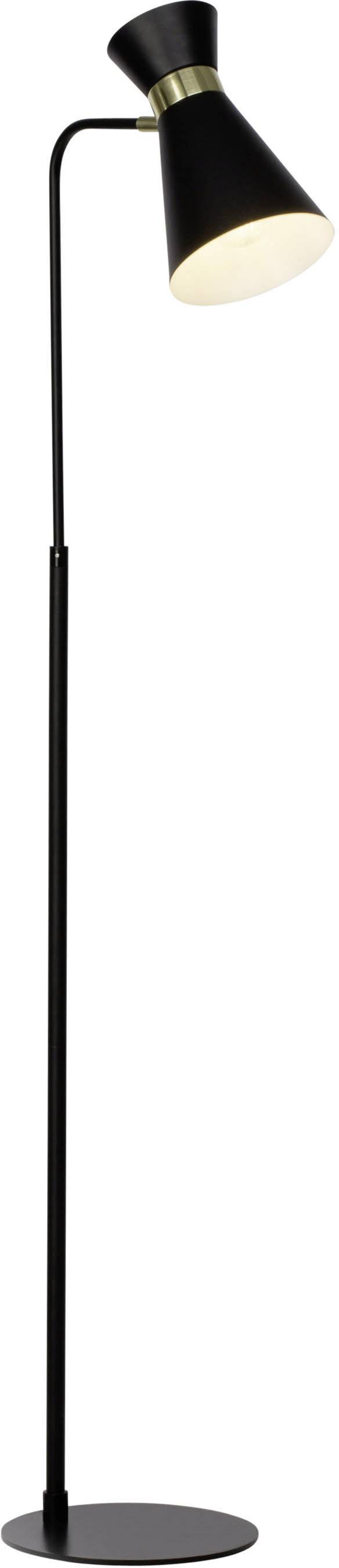Schwarze, moderne Stehlampe mit schlankem Ständer und trichterförmigem Lampenschirm, der nach unten gerichtet ist.