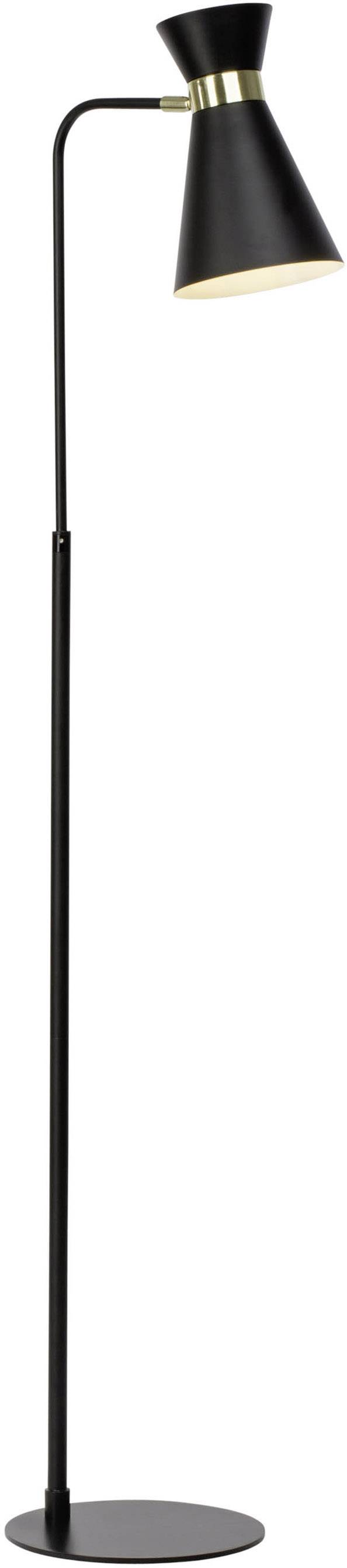 Schwarze Stehlampe mit schmalem, gebogenem Standfuß und konischem Lampenschirm, geeignet für modernes Wohnzimmerdesign.