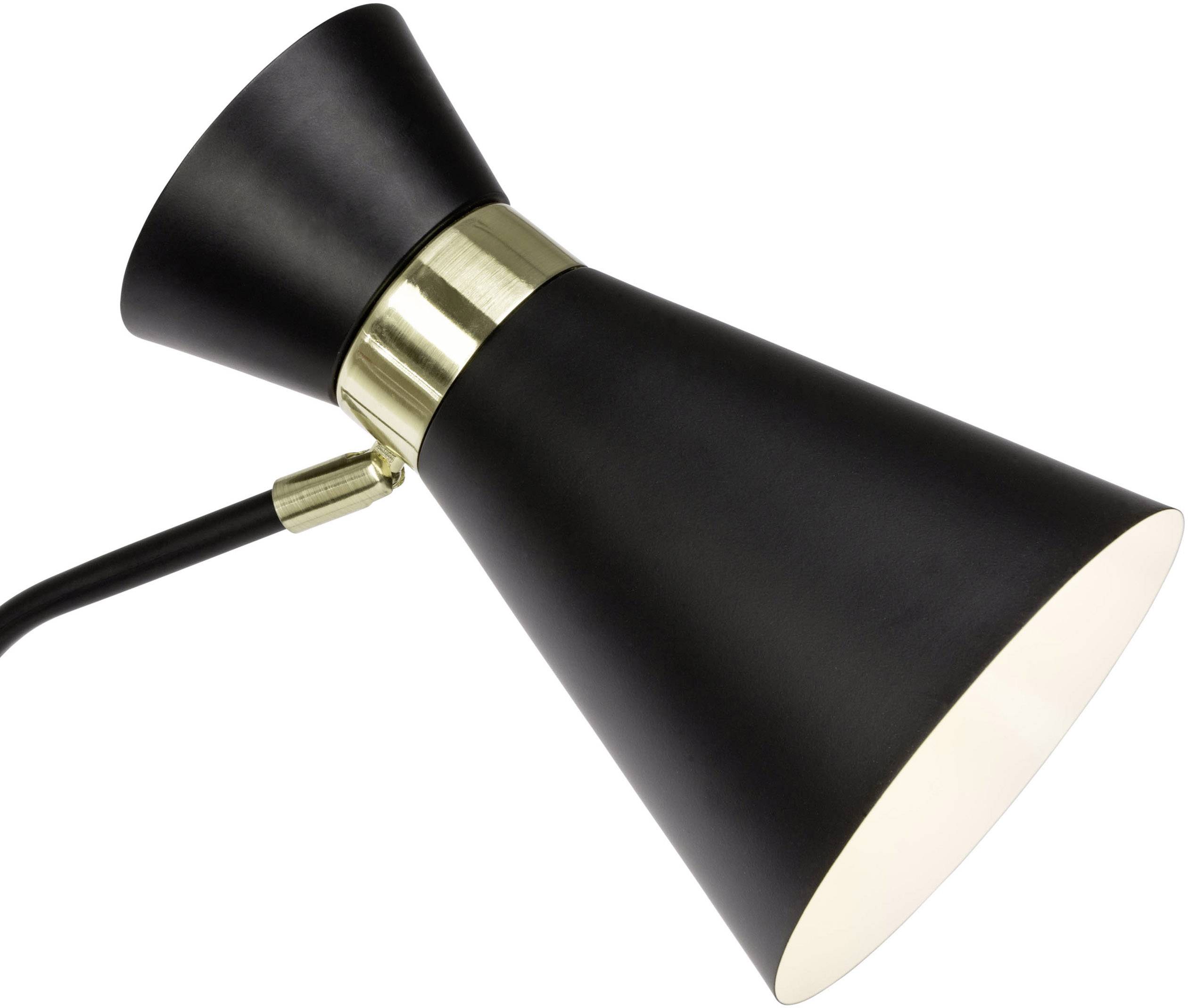 Schwarze Tischlampe mit goldenen Details, trichterförmiger Lampenschirm, minimalistisches Design.