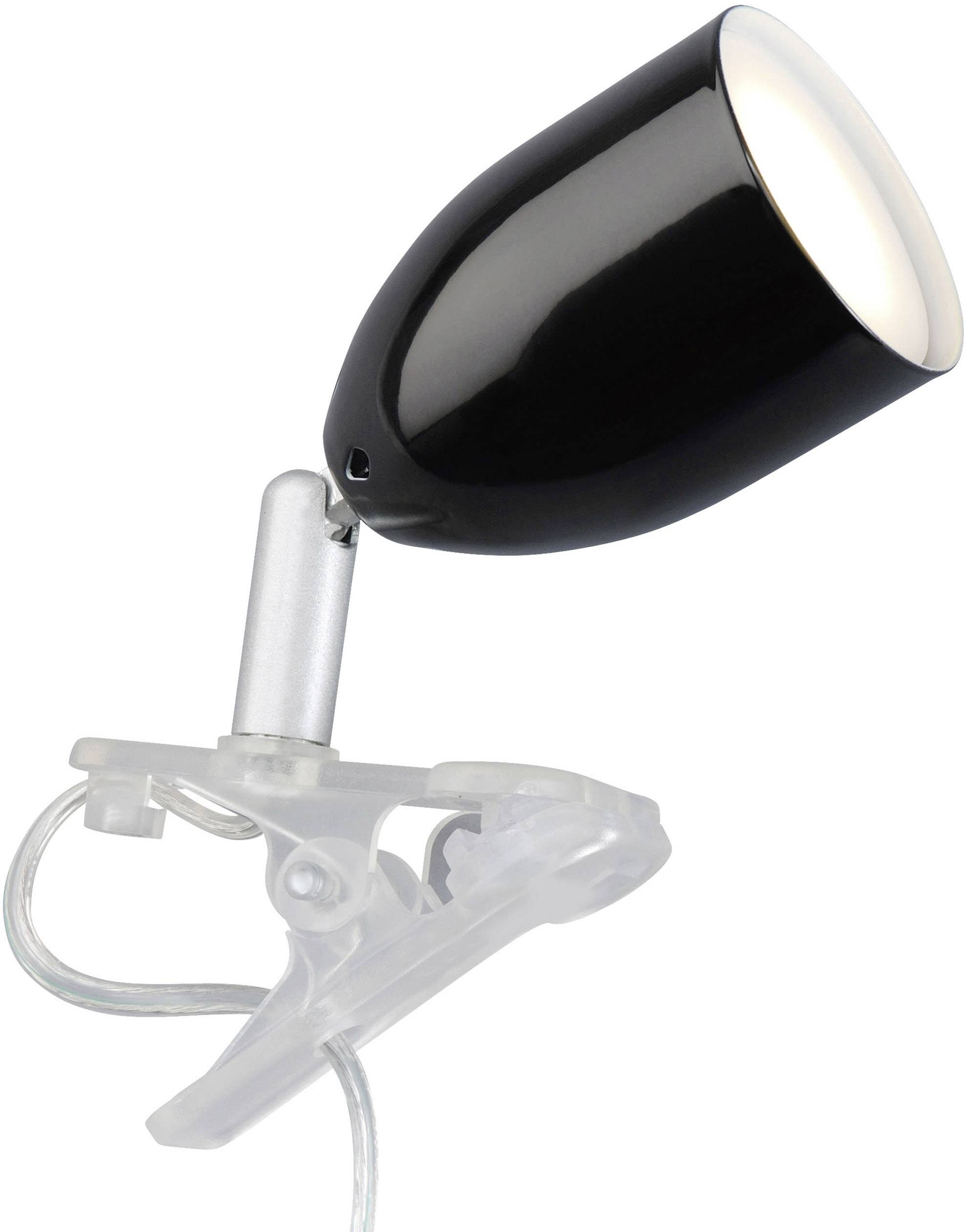 Schwarze Lampe mit weißem Licht, befestigt an einem transparenten Clip, geeignet zum Anbringen an diversen Oberflächen.