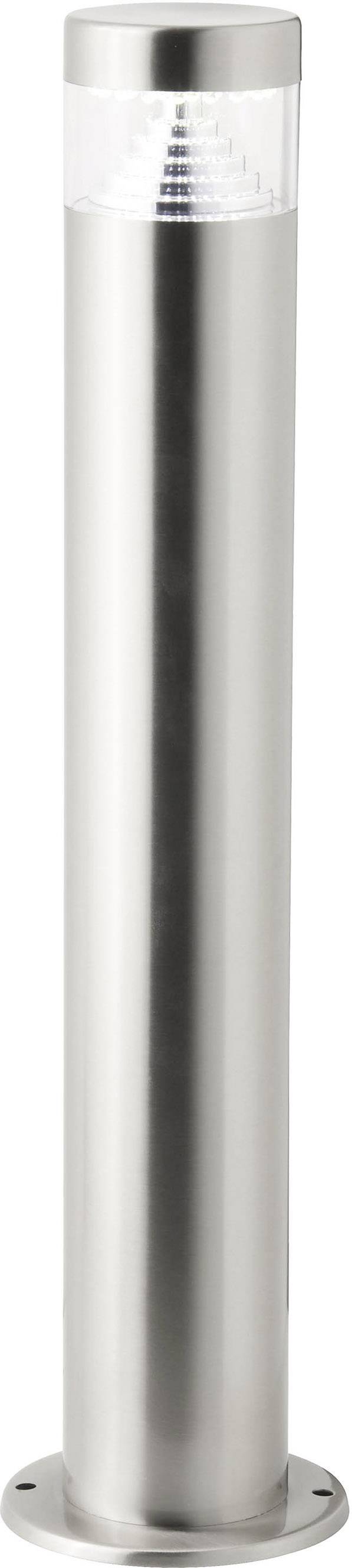 Metallische Außenleuchte in Zylinderform, ideal für Gartenwege oder Einfahrten. Sie strahlt Licht von oben aus einem durchsichtigen Teil ab.