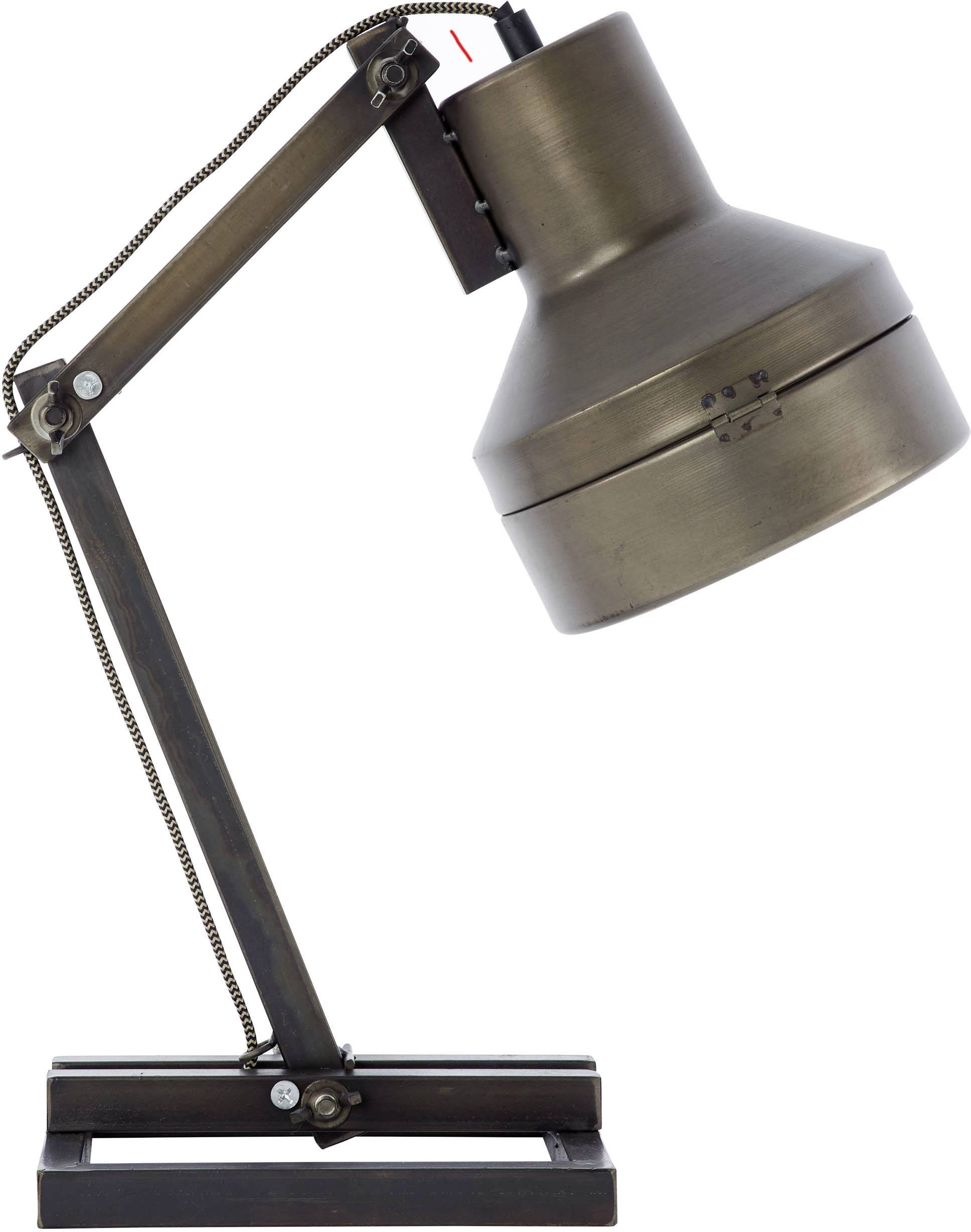 Eine braune, industrielle Tischlampe mit verstellbarem Arm und großem Lampenschirm.