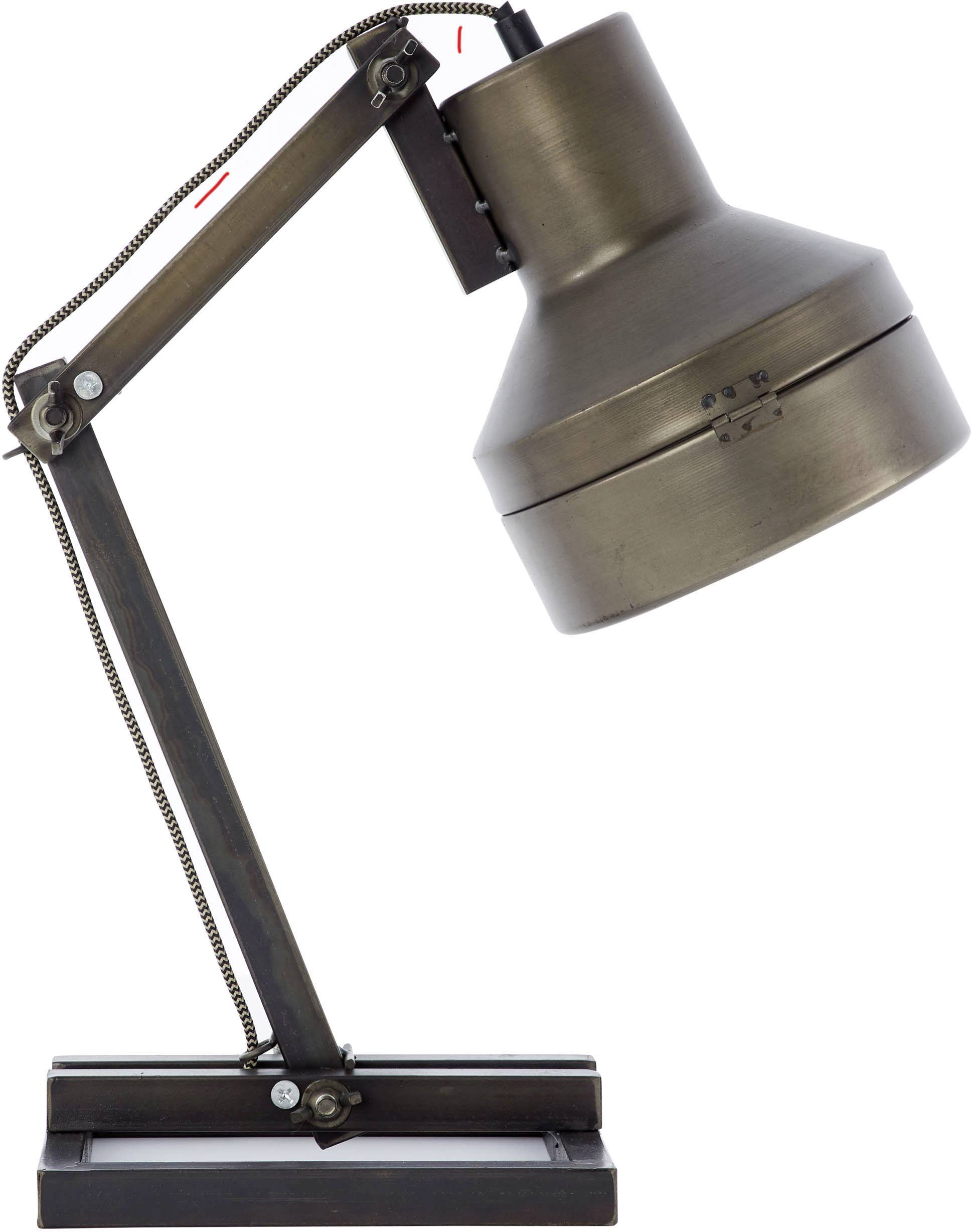 Schwarze Tischlampe mit verstellbarem Arm und metallischem Schirm; industrielles Design, geeignet für Schreibtische oder Arbeitsbereiche.