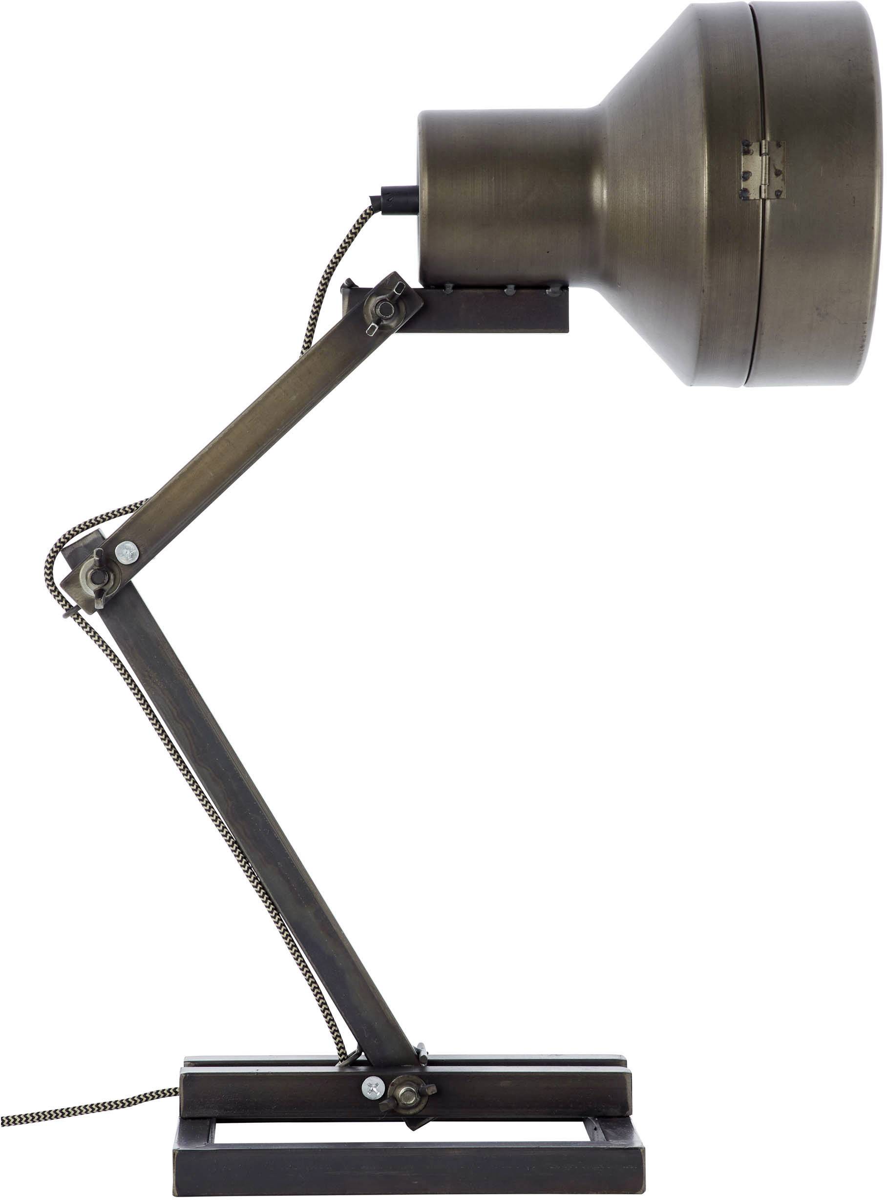 Eine modern designte Tischlampe aus Metall mit schwenkbarem Arm und großem, trichterförmigem Lampenschirm.