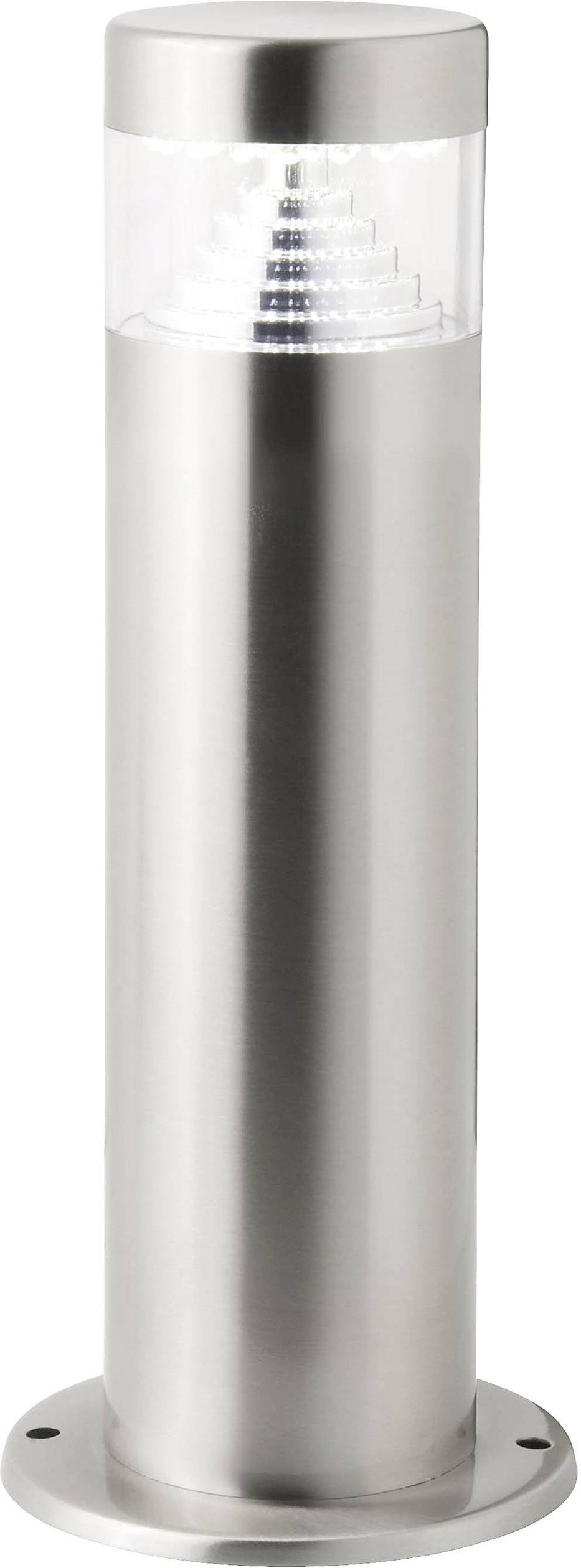 Eine silberne Außenstehleuchte mit modernem Design und transparentem Lampenschirm. Ideal für Garten- oder Wegbeleuchtung.