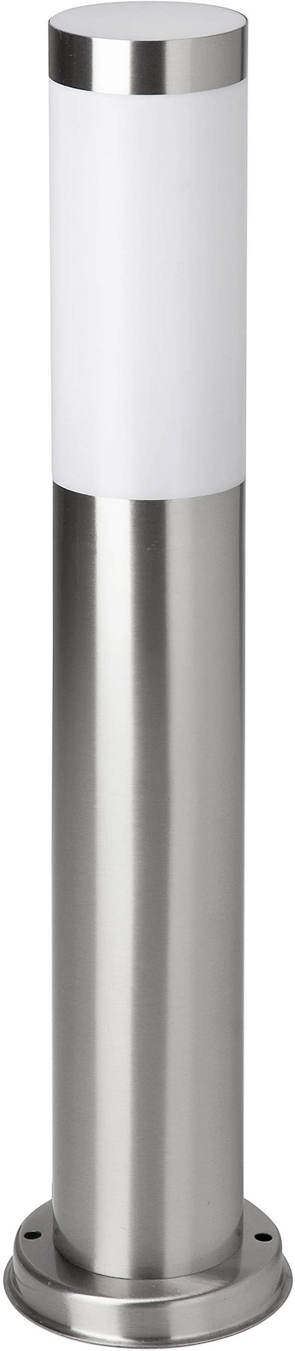 Eine moderne, zylindrische Edelstahl-Außenleuchte mit mattem Weißglas oben, geeignet für Wege oder Gärten.
