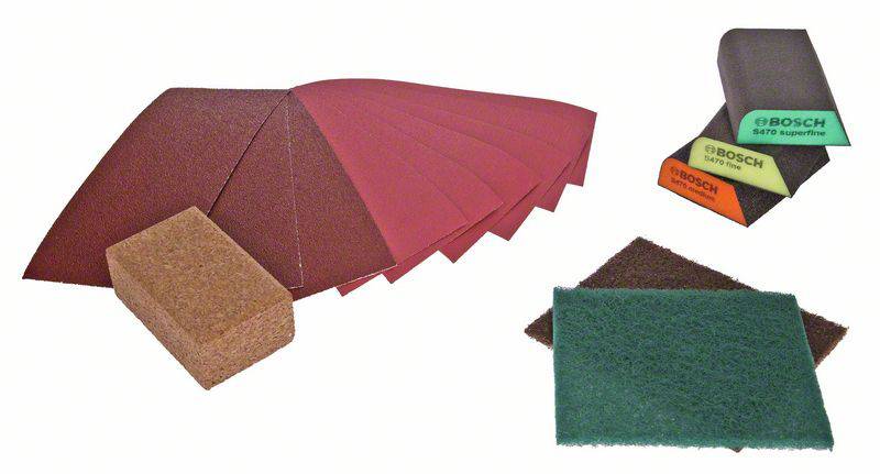 Schleifprodukte: Fächer aus Schleifpapier, Schleifblöcke und Schleifpads in verschiedenen Farben und Formen für diverse Oberflächen.