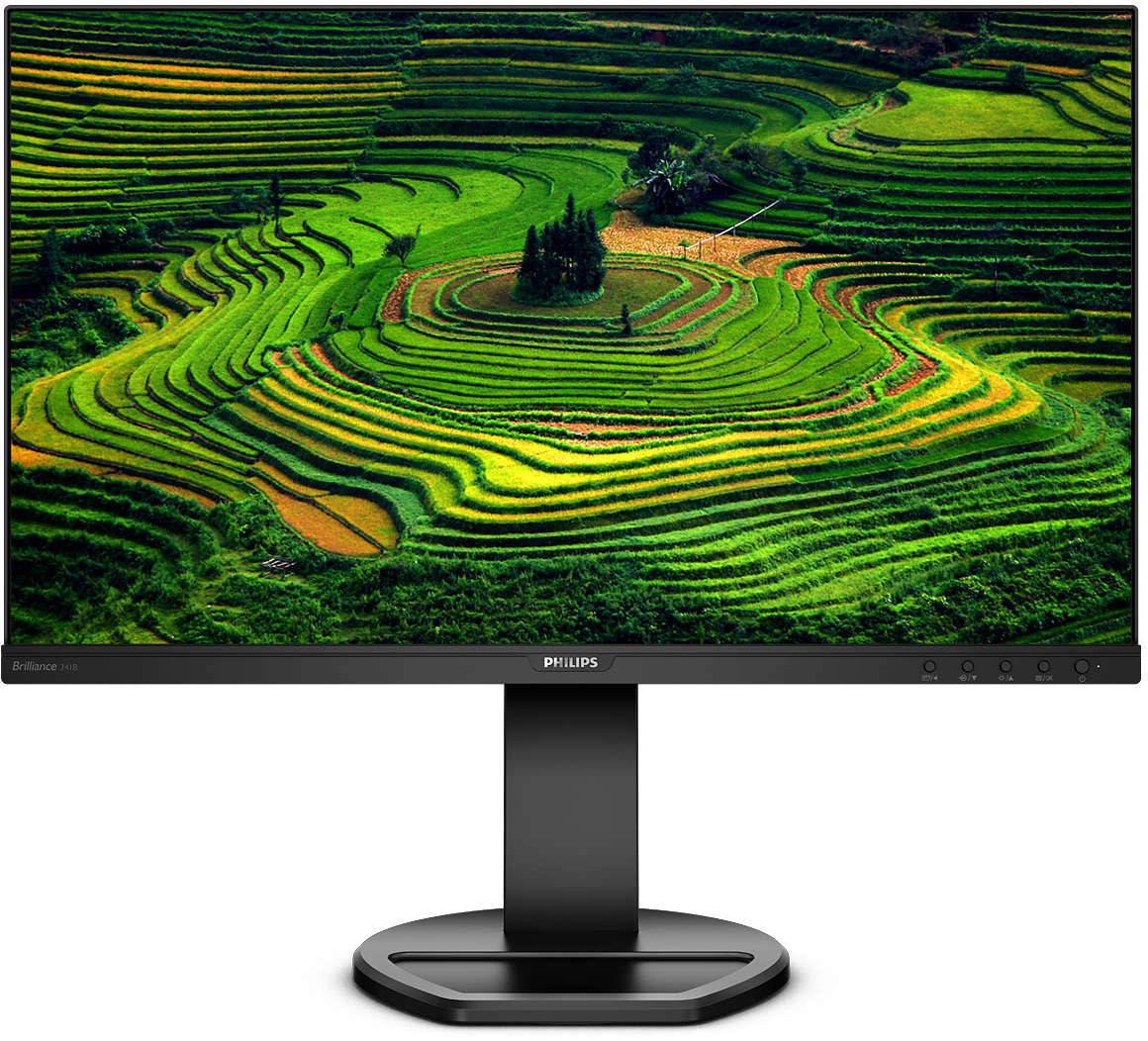 Ein Computermonitor zeigt ein Bild von grünen und gelben Reisterrassen auf Hügeln, mit einem klaren Himmel im Hintergrund.