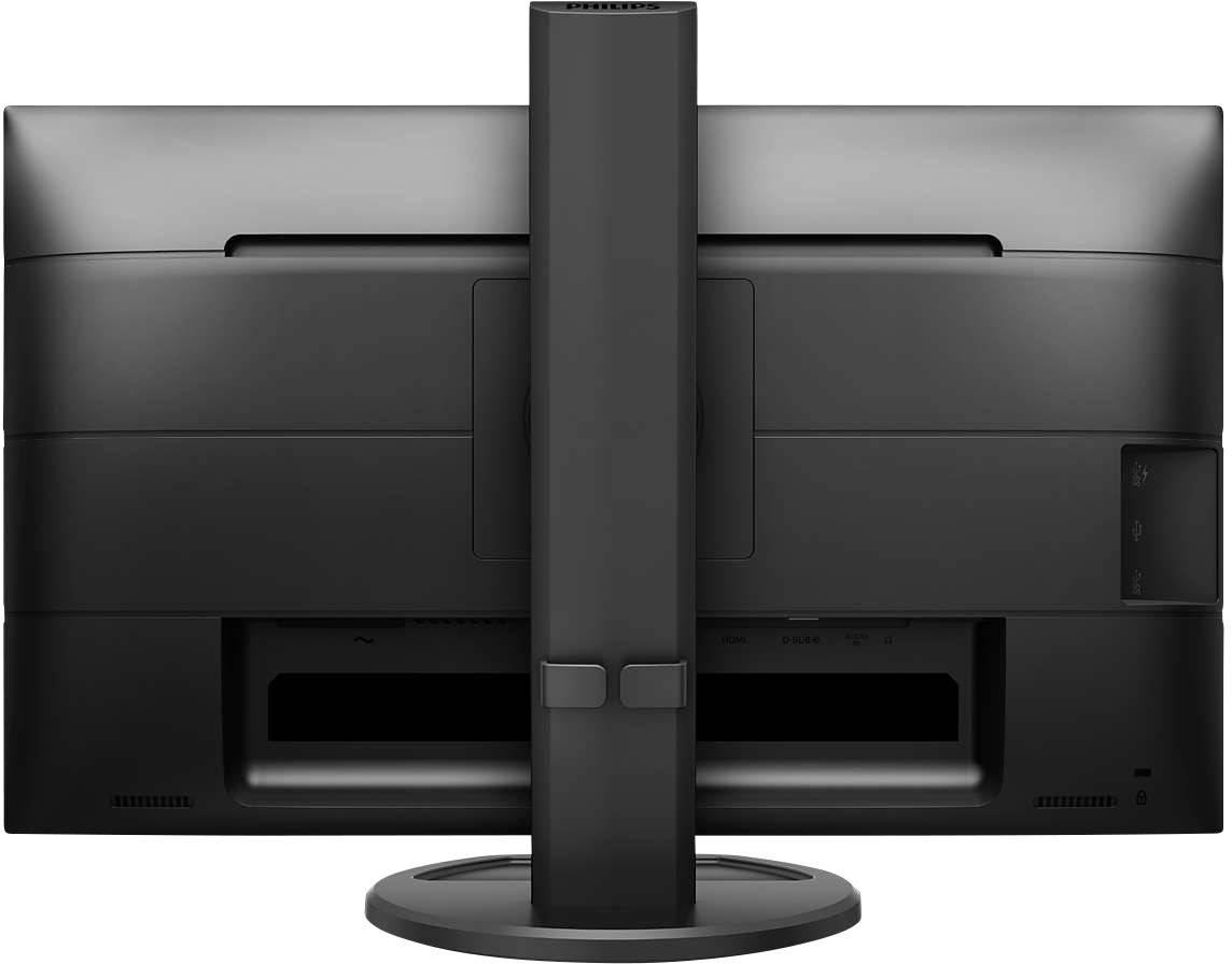 Rückansicht eines schwarzen Computermonitors mit verstellbarem Standfuß. Der Monitor hat ein schlankes, modernes Design.