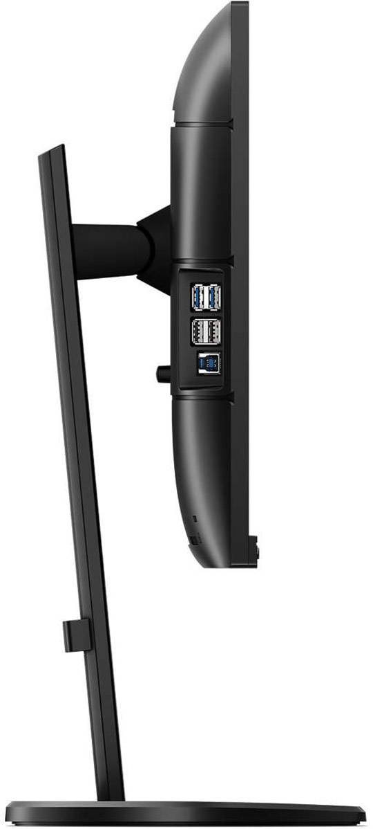 Ein seitlich betrachteter Computerbildschirm mit mehreren USB-Anschlüssen auf der Rückseite, montiert auf einem stabilen Standfuß.