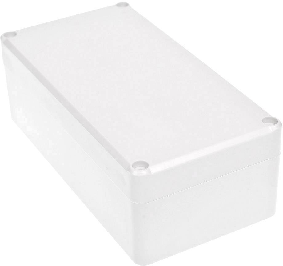 Ein rechteckiges, weißes Kunststoffgehäuse mit abgerundeten Ecken und Schraublöchern an jedem der vier oberen Ecken.