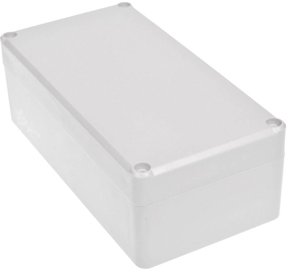 Eine rechteckige, weiße Kunststoffbox mit abgerundeten Ecken und Schrauben in jeder Ecke des Deckels.