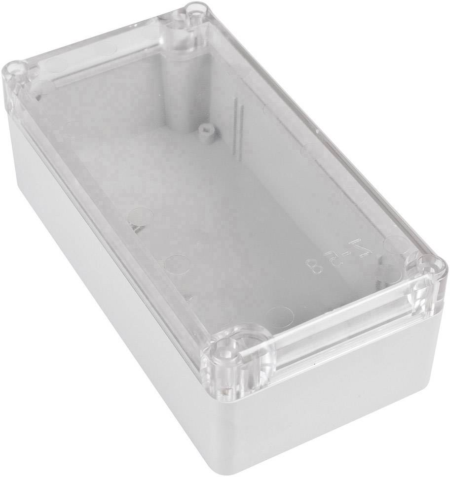 Kleine, rechteckige, transparente Elektronikbox aus Kunststoff mit abnehmbarem Deckel. Geeignet für den Schutz von elektronischen Bauteilen.