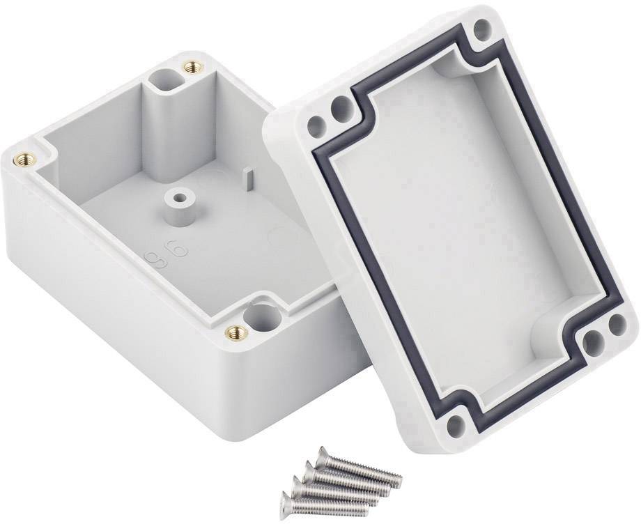 Grau-weiße Kunststoffverteilerdose, geöffnet. Enthält vier Schrauben und eine Gummidichtung im Deckel zur Abdichtung. Geeignet für elektronische Installationen.