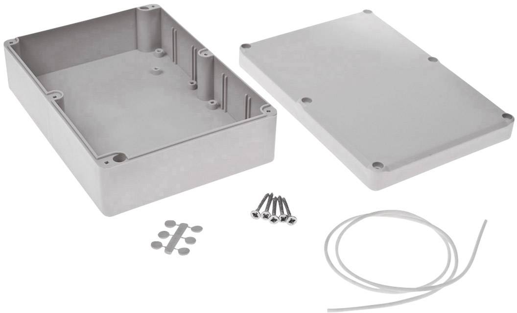 Gehäusebausatz aus Kunststoff mit abnehmbarer Abdeckung, Schrauben, Kabel und Dichtungen. Ideal für Elektronikprojekte und Montage.
