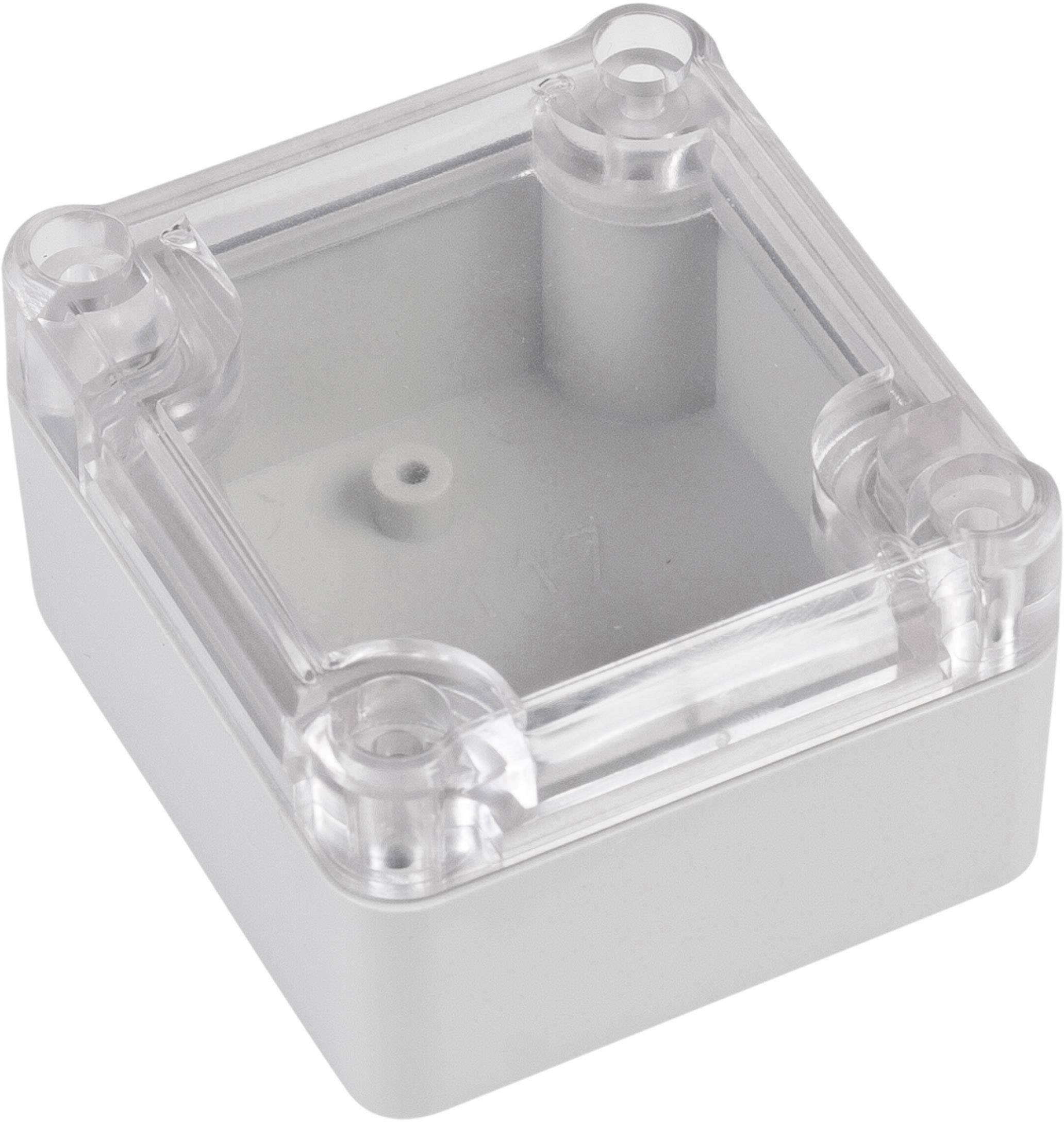 Eine transparente Kunststoffbox mit abnehmbaren Deckel und vier Schraubpunkten. Geeignet zum Schutz kleiner elektrischer Komponenten.