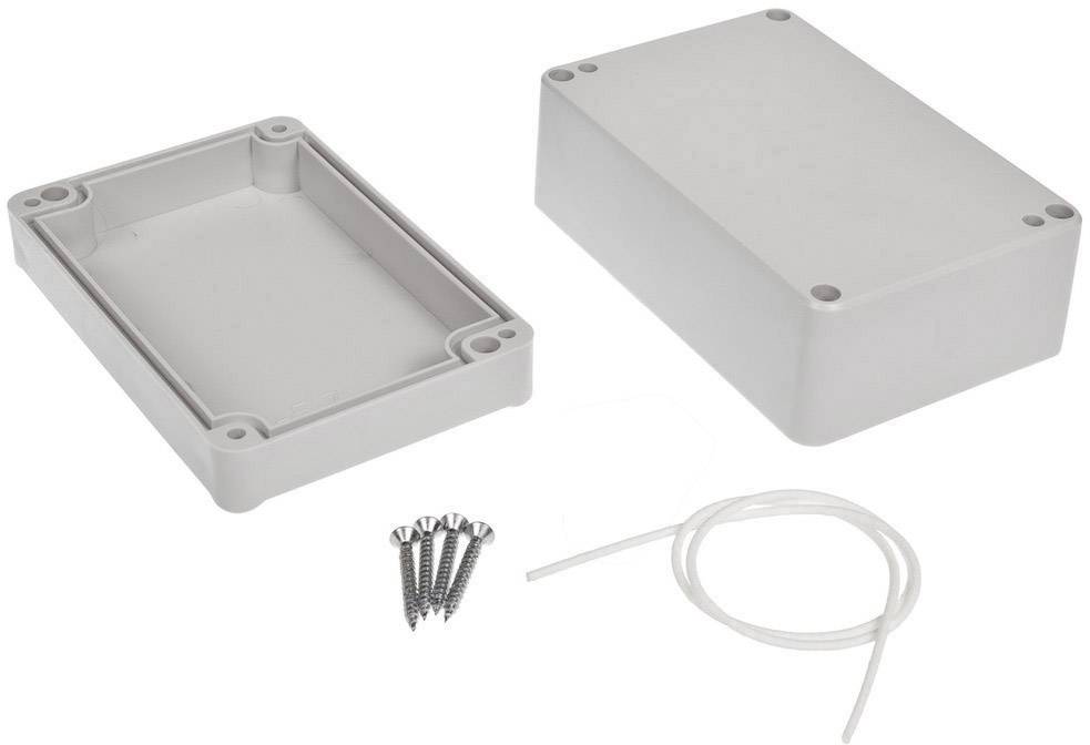 Elektronisches Gehäuse aus Kunststoff, zweiteilig, mit Schrauben und Gehäusekabel. Geeignet für den Schutz von Elektronik.