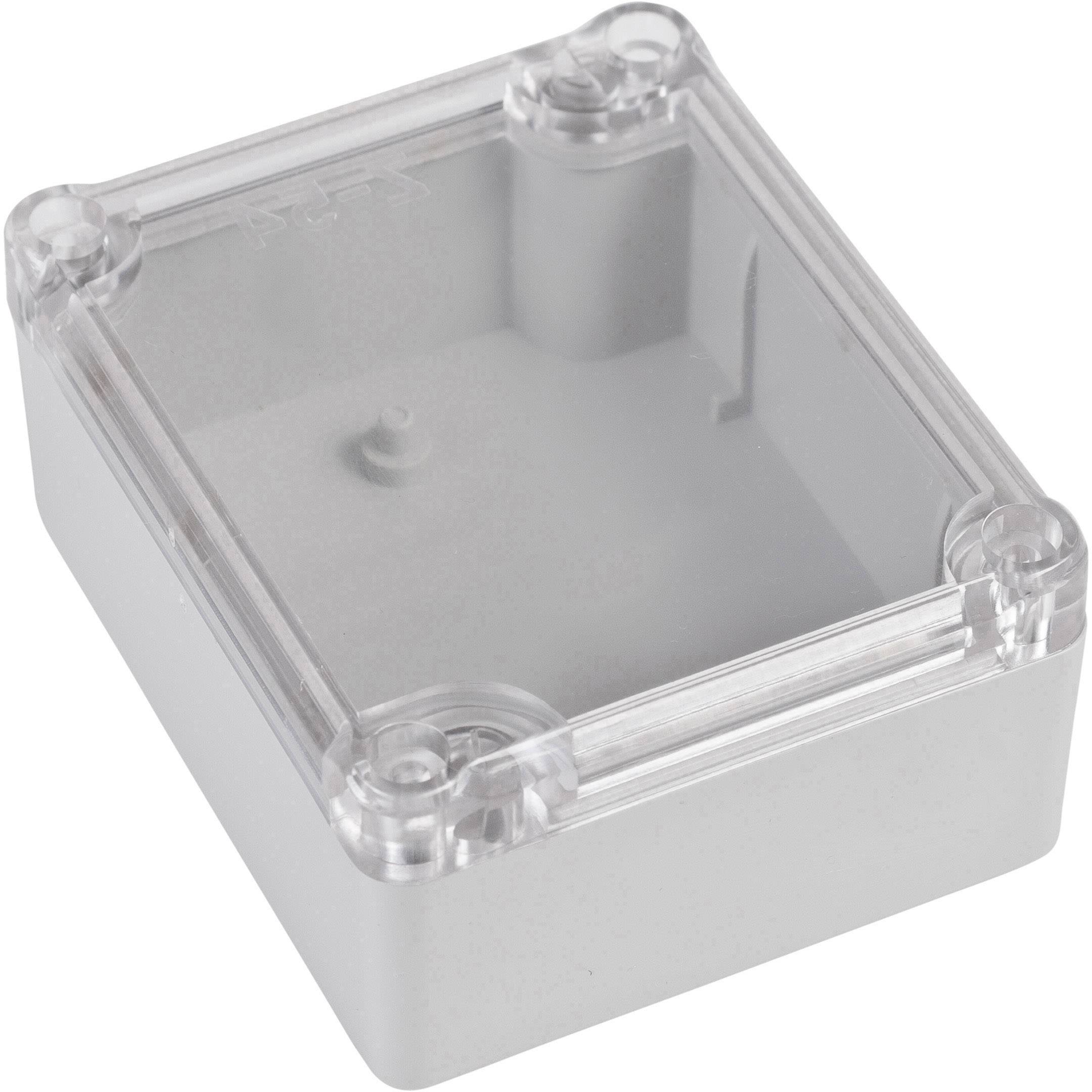 Rechteckiger, transparenter Kunststoffkasten mit Schraubenlöchern an den Ecken, geeignet für elektronische Bauteile oder Anschlüsse.