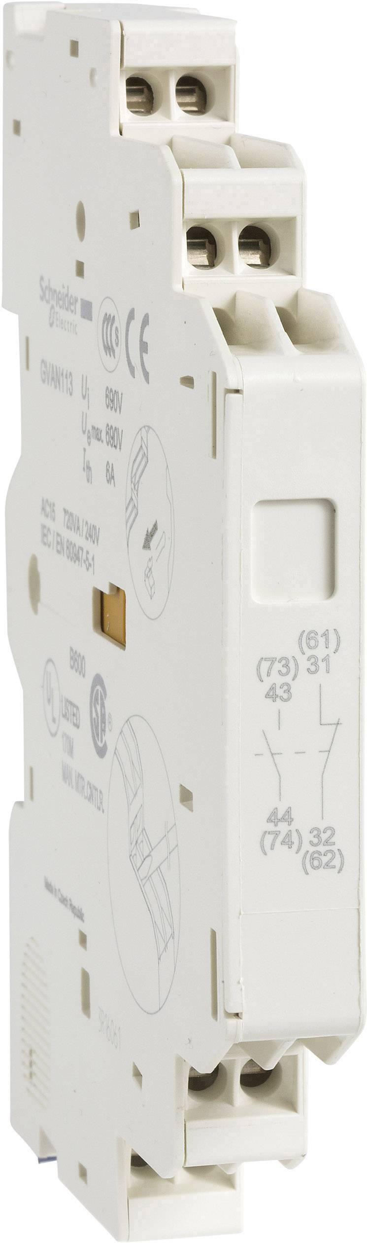 Ein weißes elektrisches Schaltrelais von Schneider Electric, mit mehreren Anschlüssen und Pfeilen, die die Anschlusspunkte markieren.