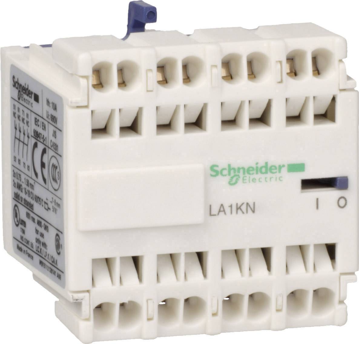 Ein weißer Schütz von Schneider Electric mit dem Modell LA1KN. Es hat mehrere Anschlüsse und ist für industrielle Anwendungen geeignet.