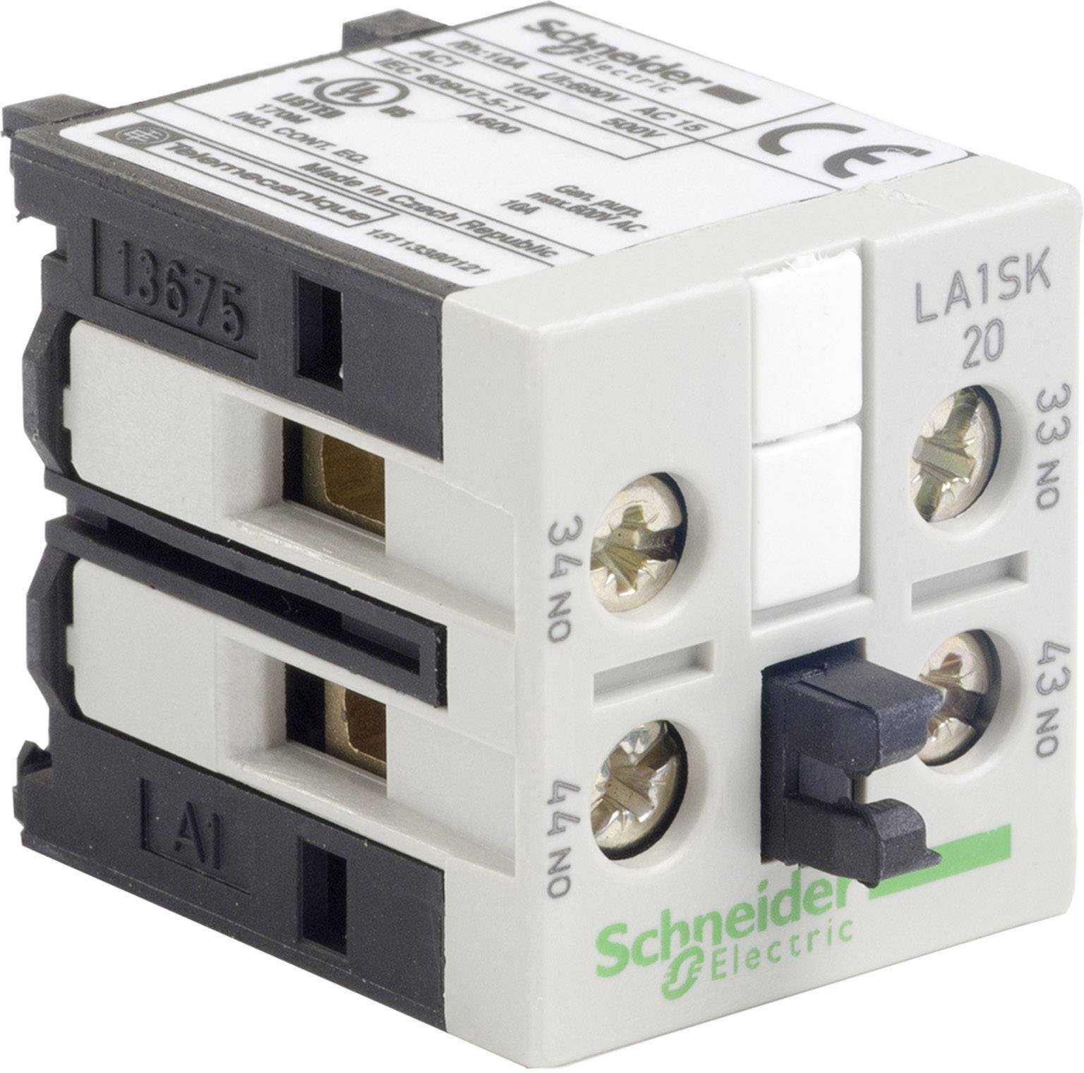 Schneider Electric LA1SK20 Vorsatzblock mit 4 Schraubklemmen, Produktionsdaten, und CE-Zeichen auf Vorderseite.