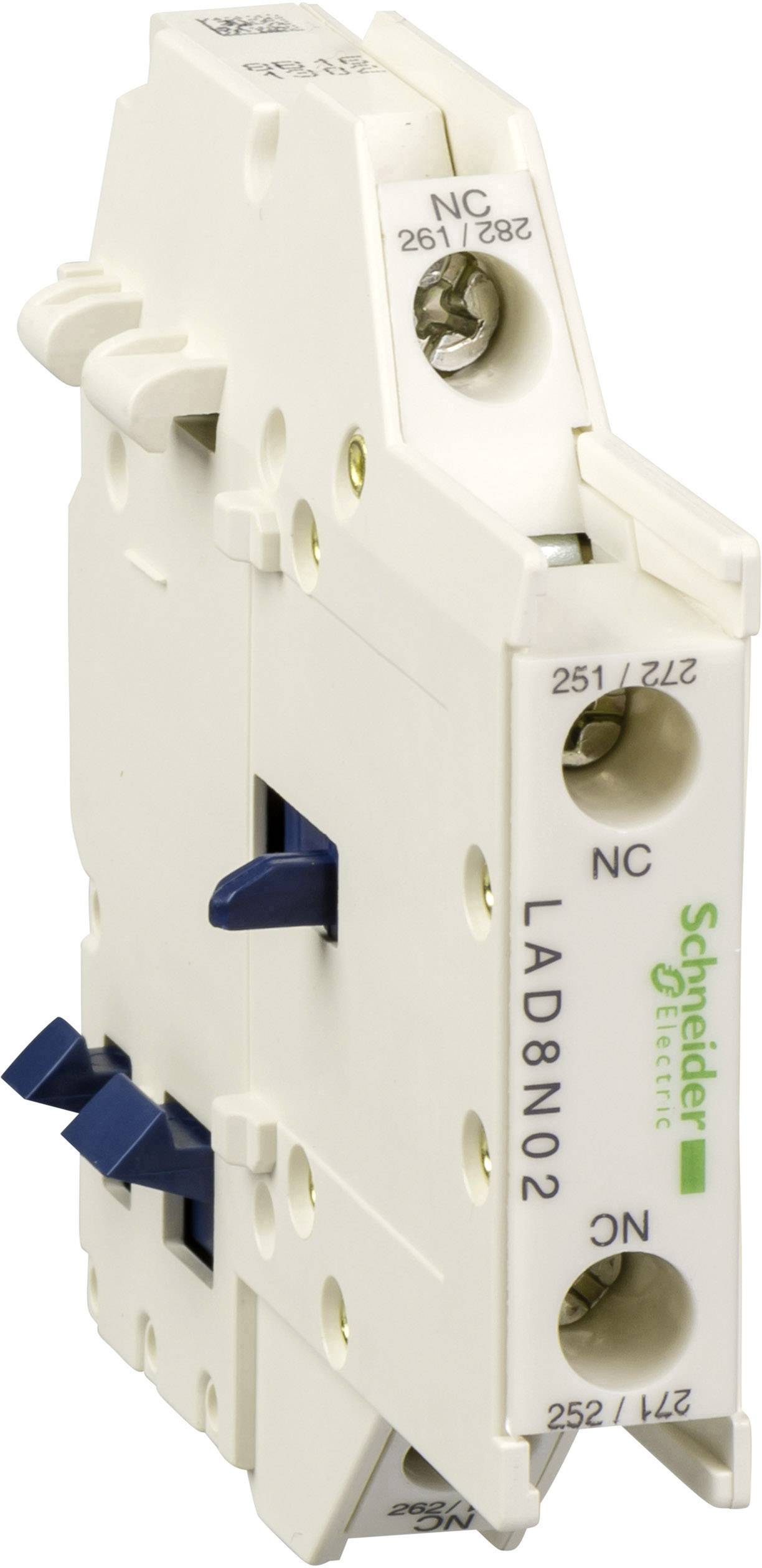 Ein weißes Schaltgerät von Schneider Electric mit blauen Hebeln und mehreren elektrischen Anschlüssen.