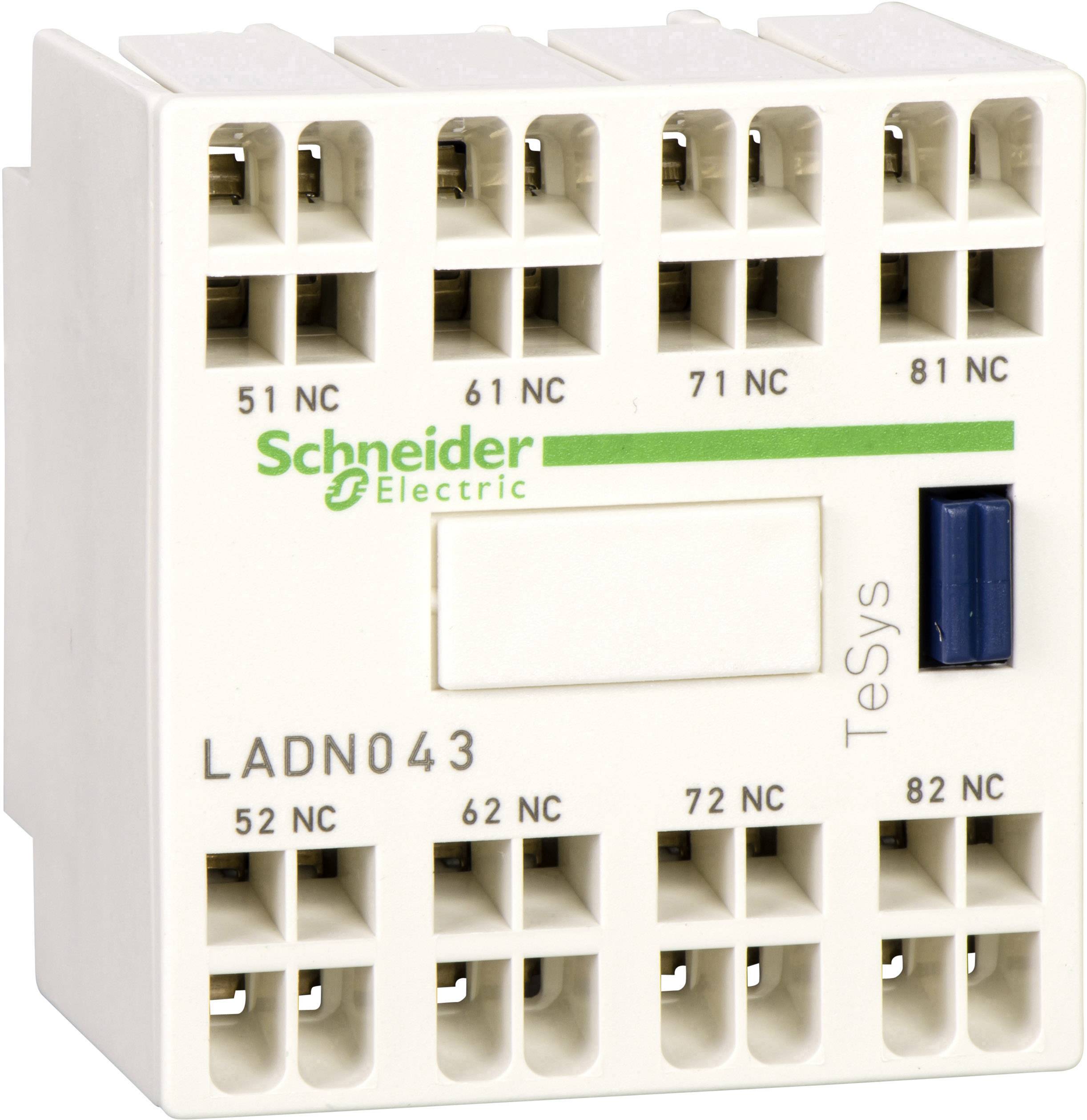Ein elektrisches Bauteil von Schneider Electric, Modell LADN043. Es zeigt Anschlussklemmen, beschriftet mit 'NC' und 'NO', für elektrische Verbindungen.