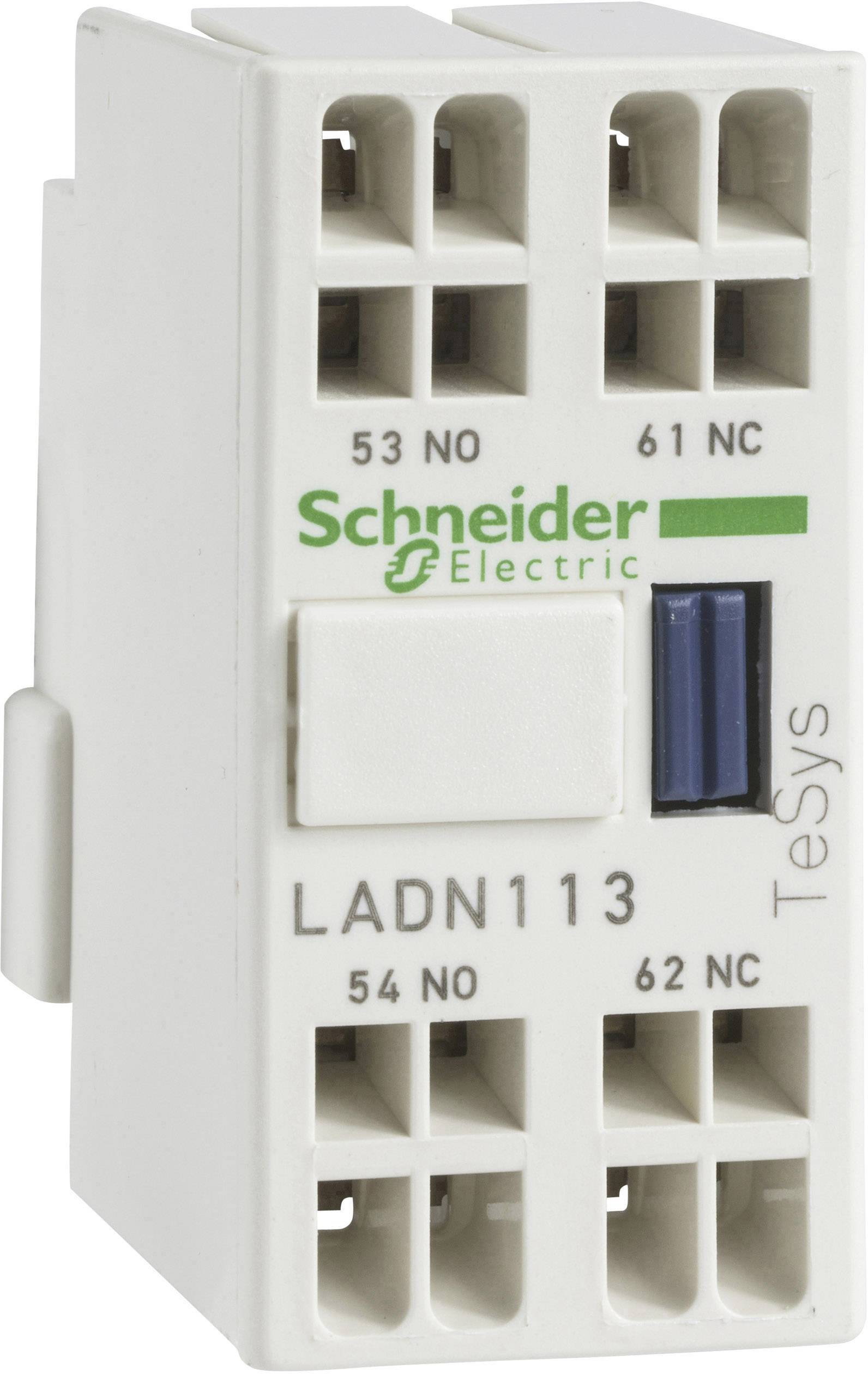 'Schneider Electric TeSys LADN113' Relaisblock mit 4 Anschlüssen. 53 NO, 54 NO, 61 NC, 62 NC markiert. Weißes Gehäuse mit grünem Logo.