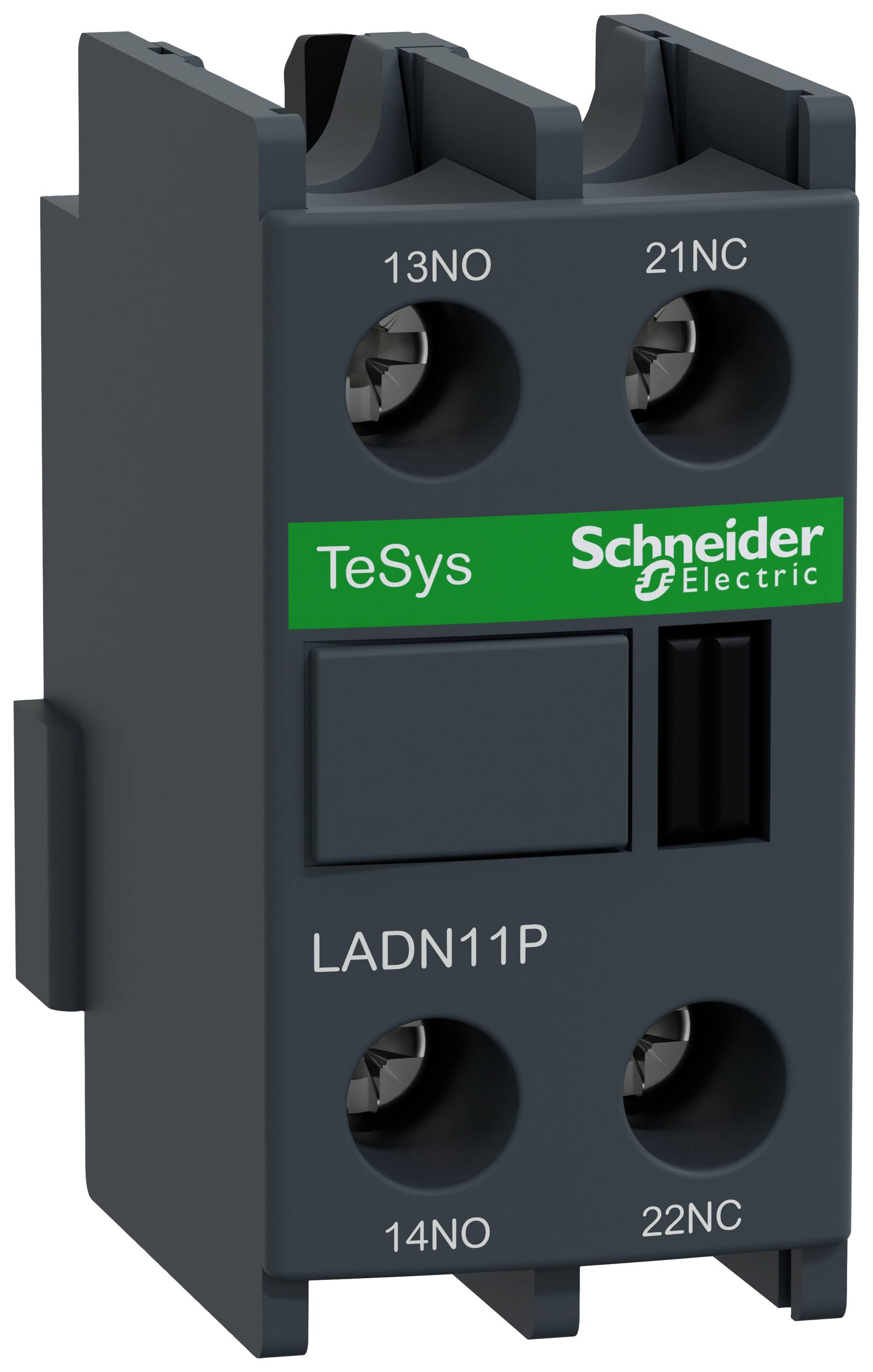 Elektrisches Schützmodul mit vier Schraubanschlüssen, Beschriftung 'TeSys', Marke Schneider Electric, Modellnummer 'LADN11P'.