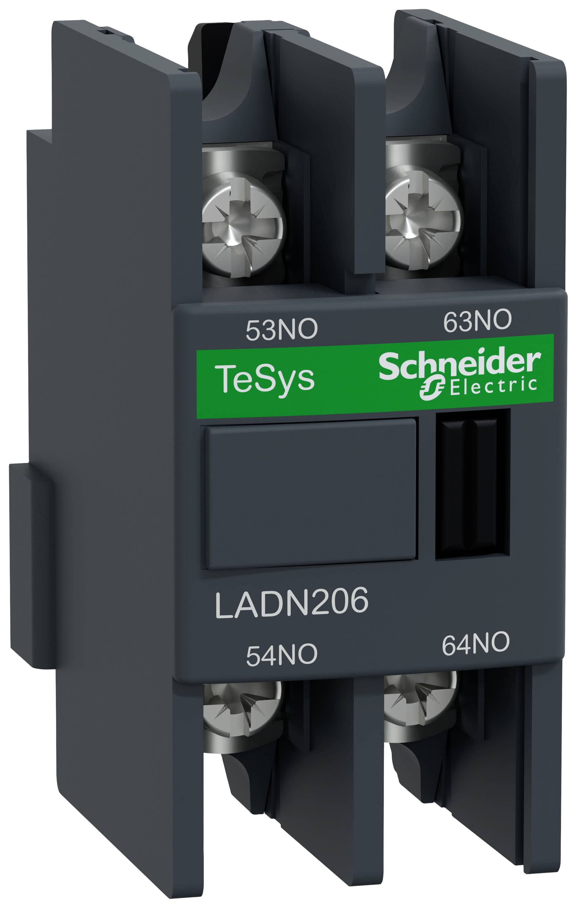 Ein elektrischer Schütz-Markenzusatzblock von Schneider Electric, Modell TeSys LADC206, mit quadratischem Design und grüner Kennzeichnung.