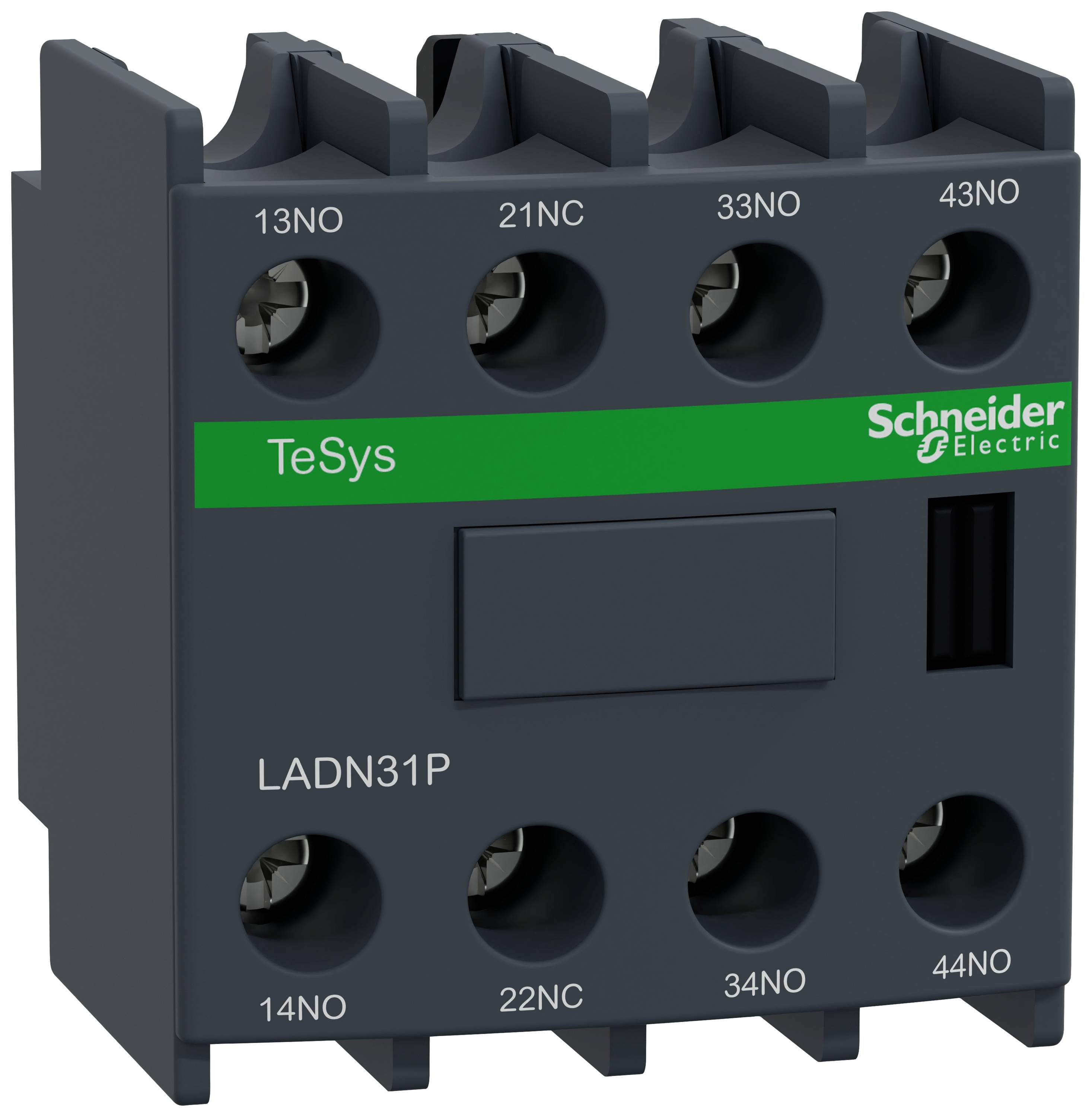 Ein schwarzer Schütz von Schneider Electric, Modell 'TeSys', mit Anschlüssen und grüner Beschriftung.