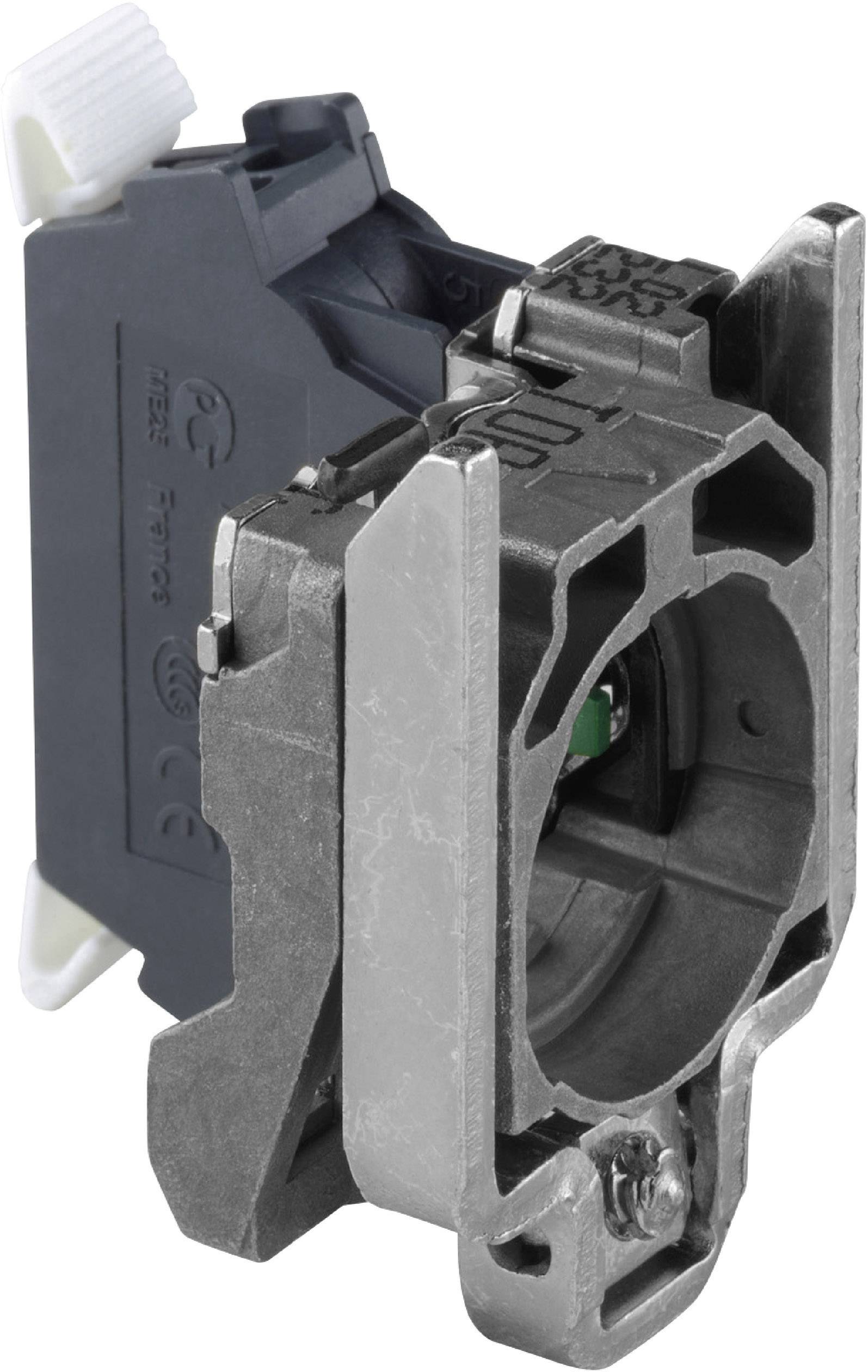 Ein elektrischer Schaltermechanismus mit grauem Gehäuse und weißen Kunststoffteilen, geeignet für industrielle Anwendungen.