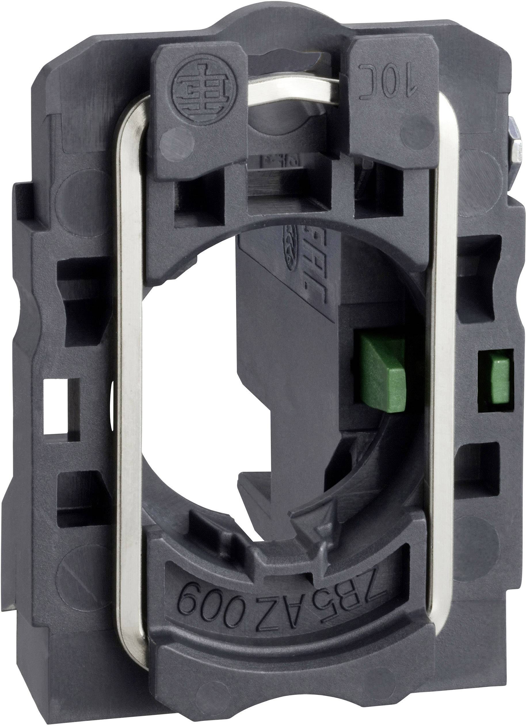 Schwarzer Kunststoffadapter mit Metallklammern und grünen Einsätzen für elektrische Anwendungen. Markierung 'ZB5AZ 009'.