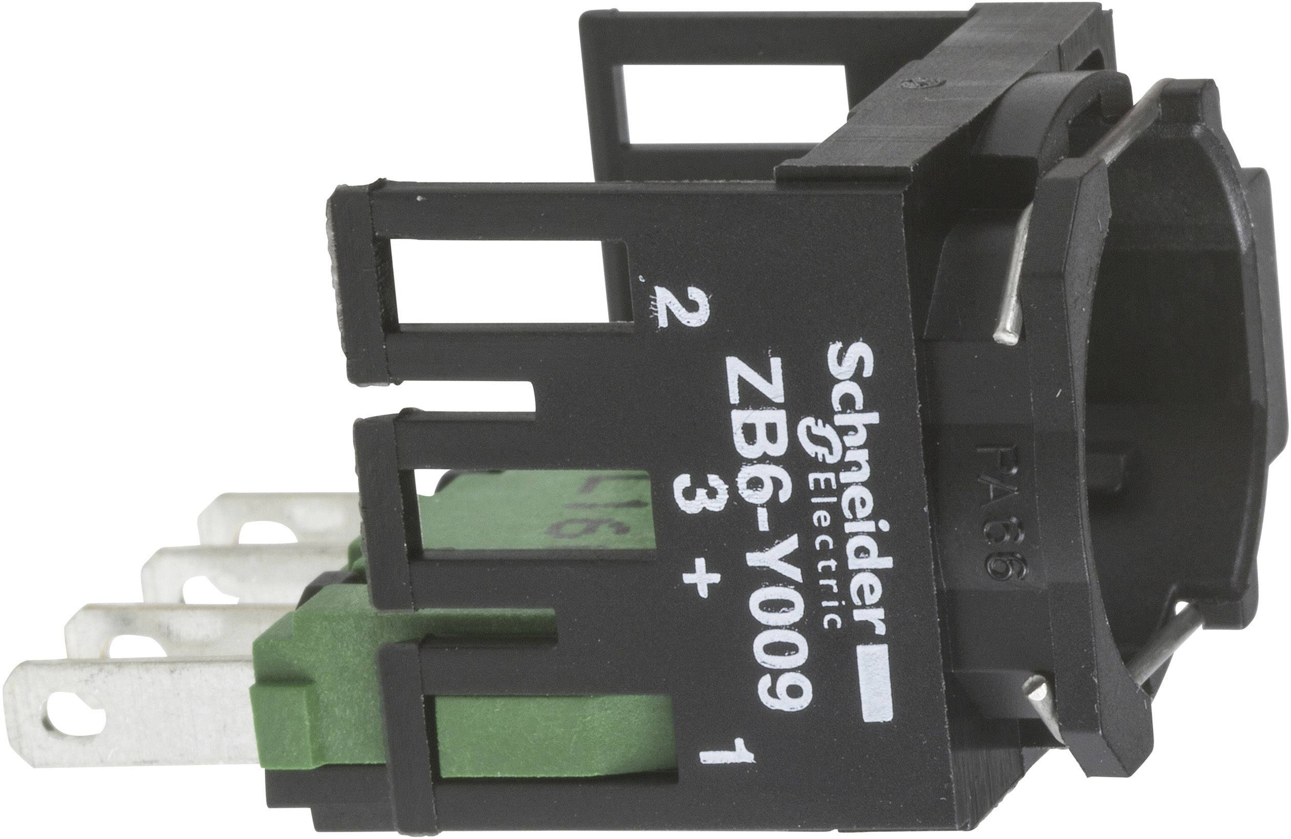 Seitlicher Blick auf einen schwarzen, rechteckigen Schalter von Schneider Electric mit grünen Kontakten und der Beschriftung ZB6-Y009.