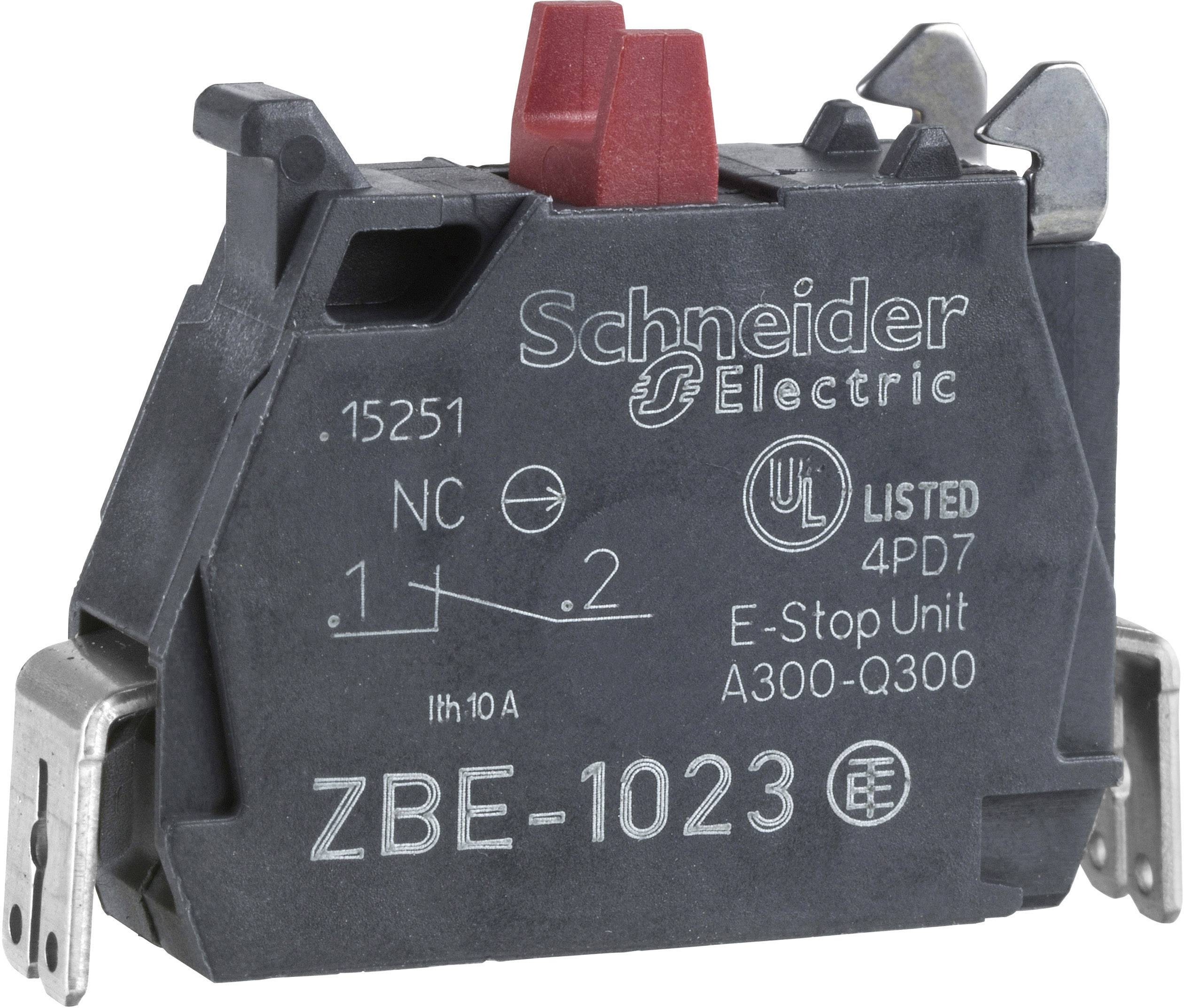 Ein schwarzer Schaltermodul von Schneider Electric mit rotem Betätiger. Model ZBE-1023, geeignet für Not-Aus-Schaltungen.