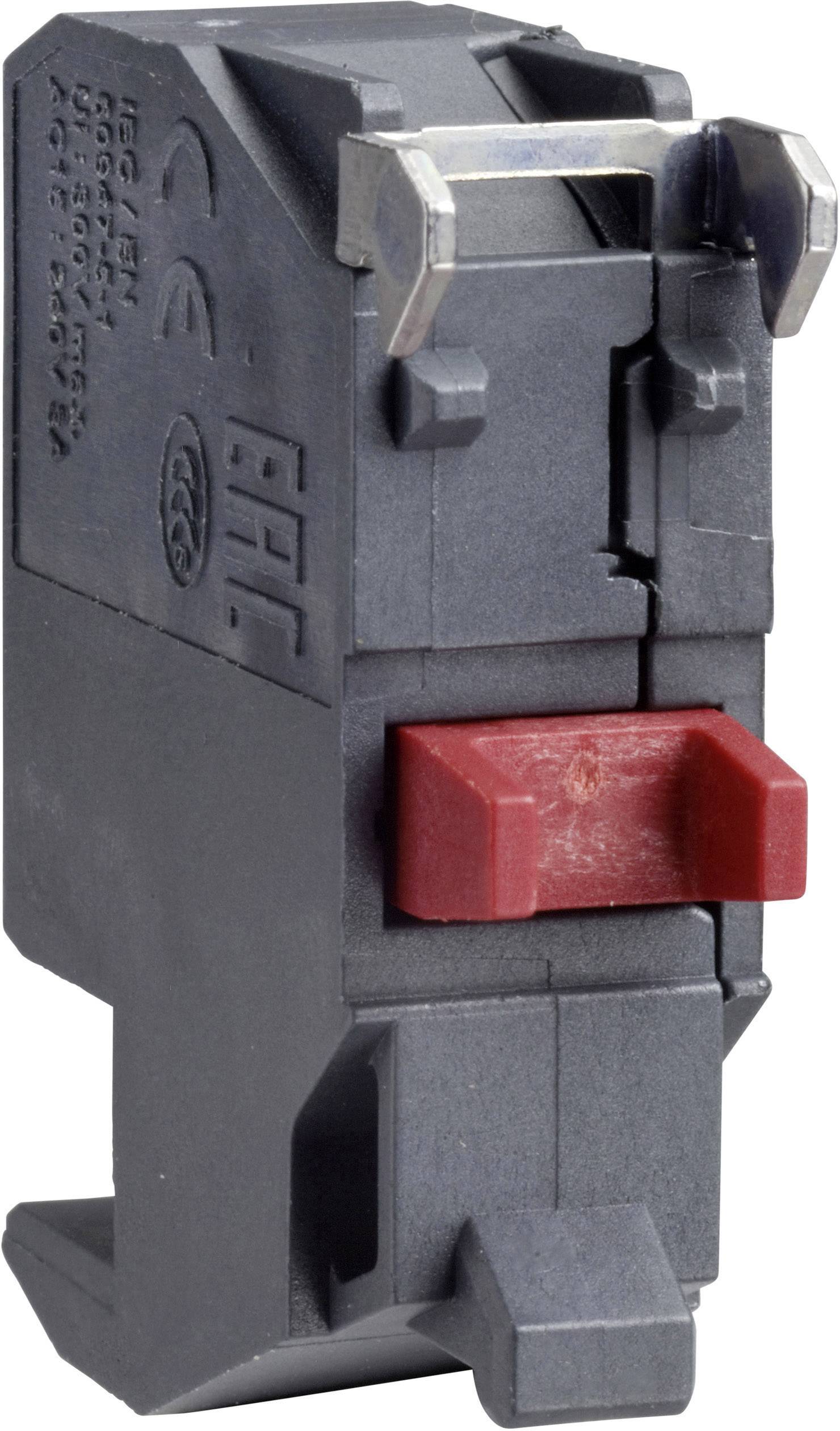 Ein schwarzer elektrischer Sicherungsautomat mit einem roten Schalter und Metallelementen oben, steht aufrecht.