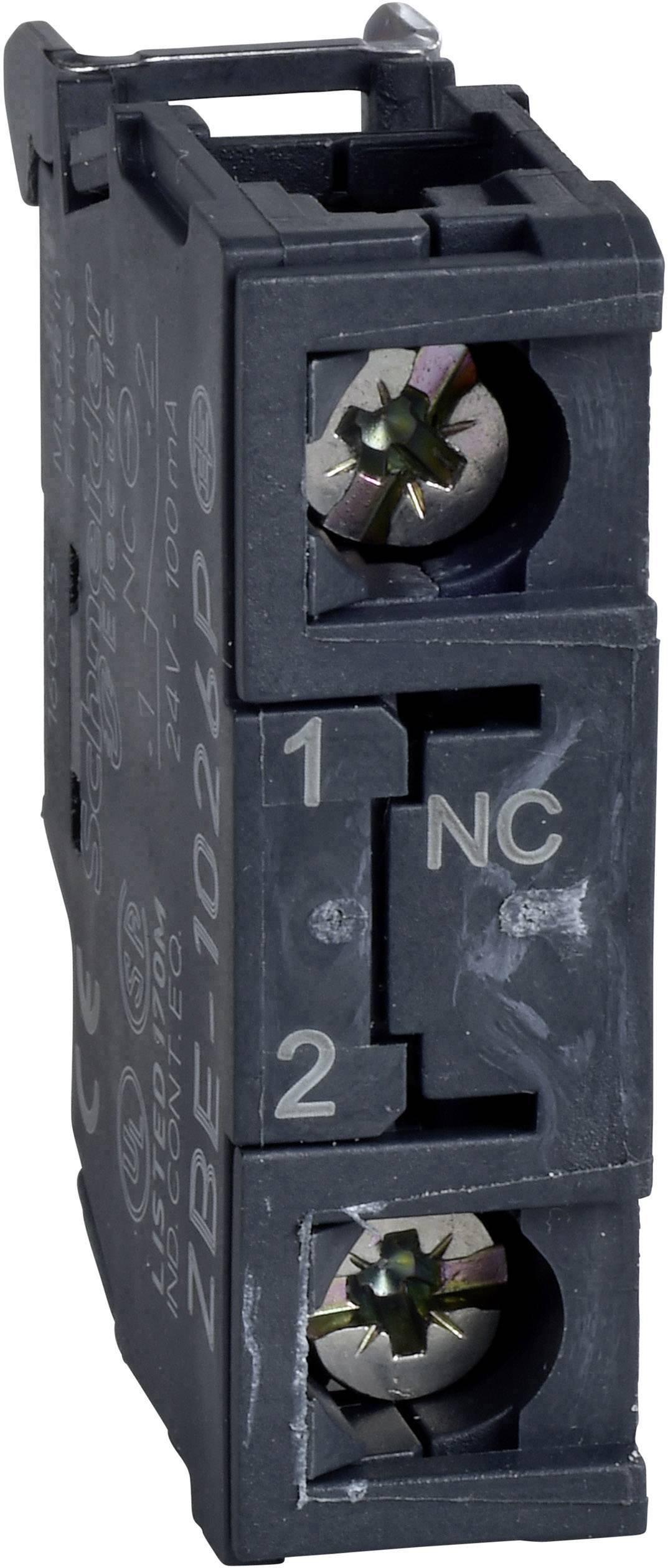 Ein schwarzer elektrischer Schalterblock mit zwei Schraubklemmen, beschriftet mit '1', '2' und 'NC'.