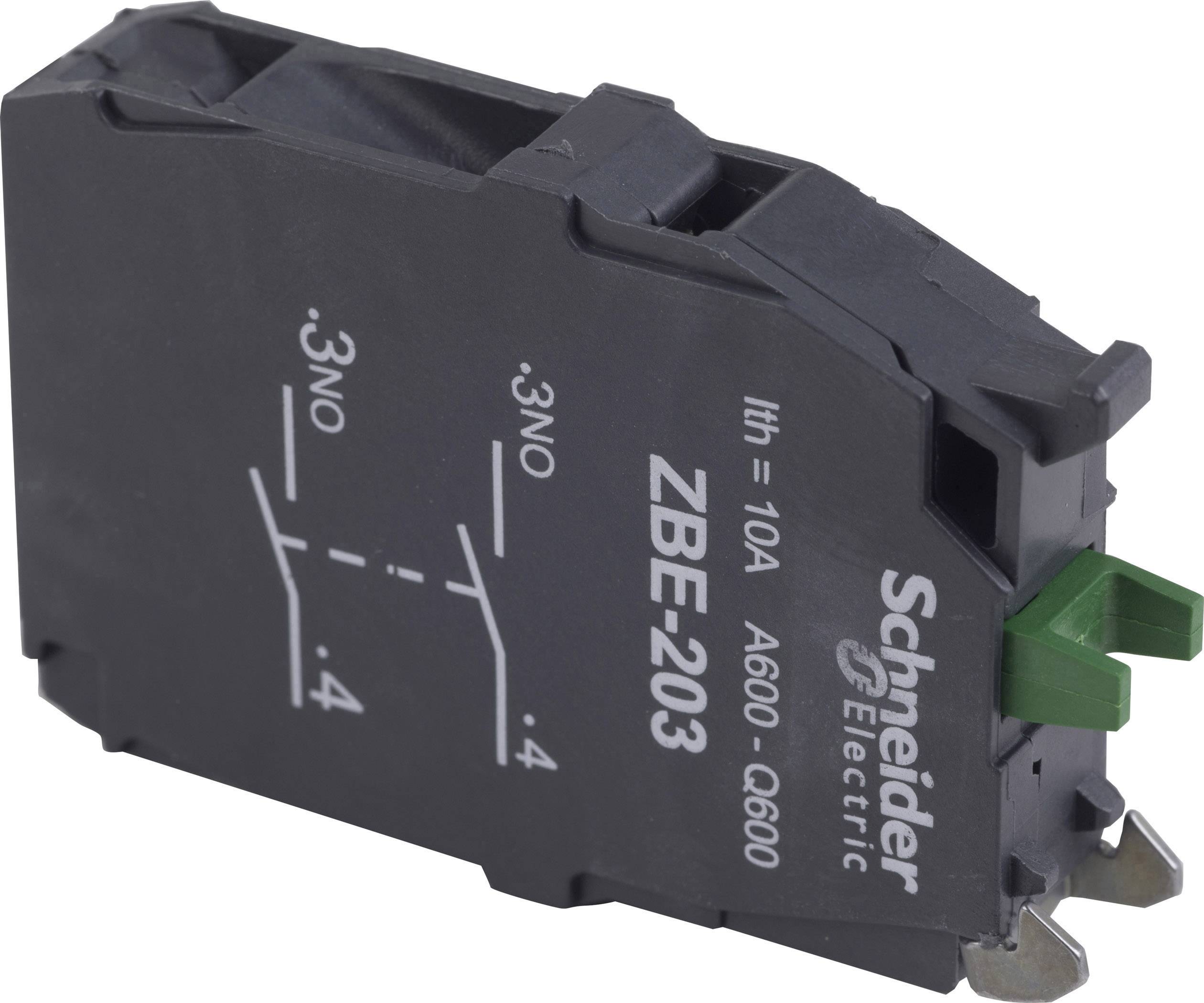 Schwarzer Schalterblock mit 'Schneider Electric' Logo, Modell 'ZBE-203', geeignet für 10A, A600 - Q600 Spezifikationen.