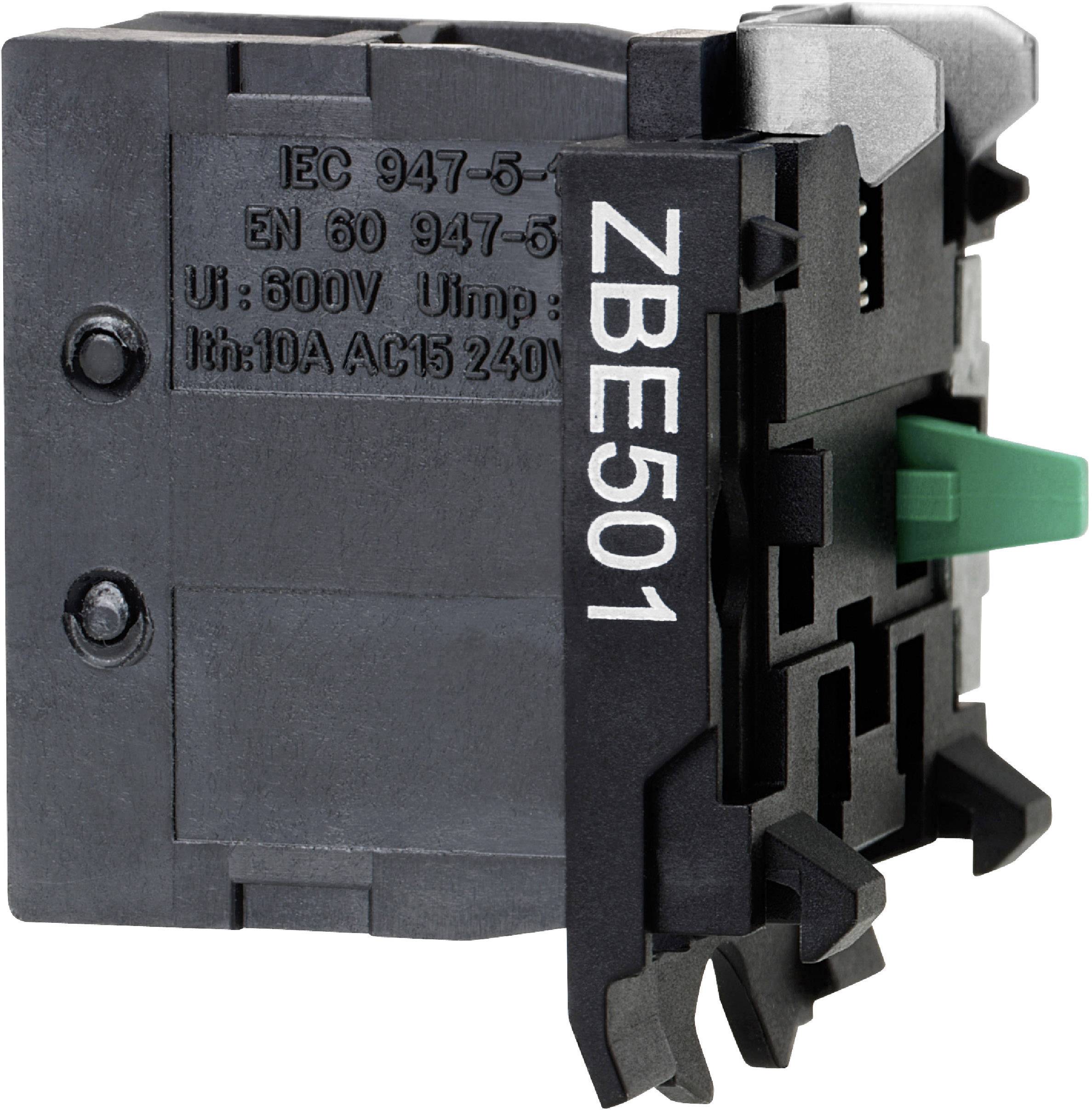 Schwarz-graues elektrisches Bauteil mit der Bezeichnung 'ZBE501', gezeigt von der Seite, mit grüner Taste und technischen Spezifikationen.