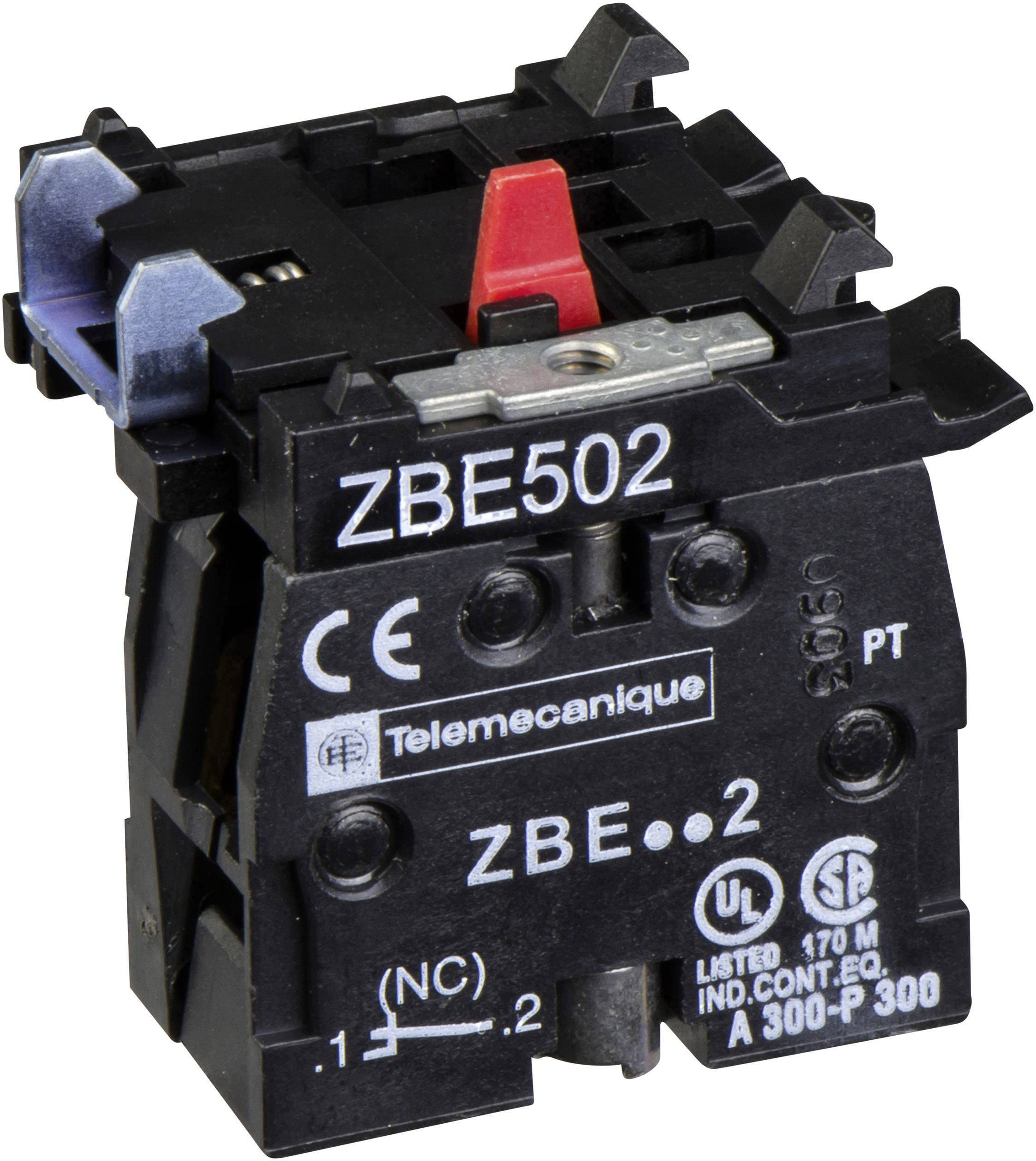 Ein schwarzer elektrischer Schalter von Telemecanique mit der Aufschrift 'ZBE502'. Er hat einen roten und einen weißen Bedienungselement.