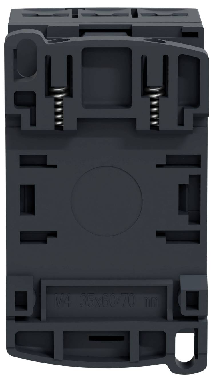 Schwarzes Kunststoff-Elektrostecker-Gehäuse mit Federkontakten und Montageslitz, Vorderansicht auf weißem Hintergrund.