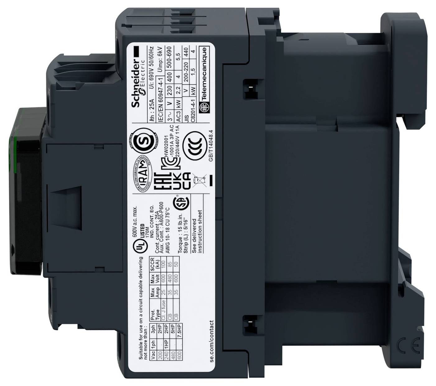Seitenansicht eines industriellen Elektrogeräts von Schneider Electric mit einem weißen Spezifikationsetikett und schwarzem Gehäuse, abgebildet auf einem einfachen weißen Hintergrund.